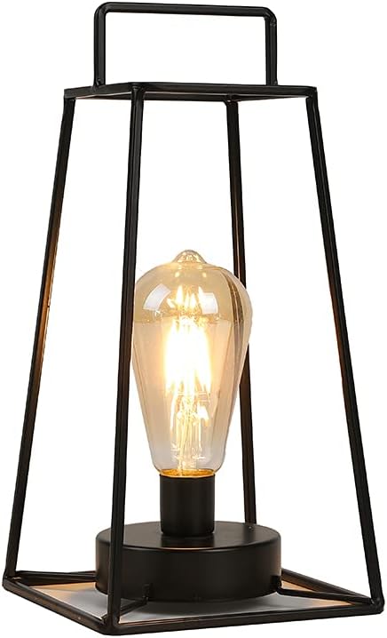 JHY DESIGN Retro Style Geometric Table Lamp 12''H Simple Iron Art Cordless Lamp Battery Operated Cage Wireless Light with 6-Hours Timer for Balcony Wedding Parties Indoor Outdoor(Tall, Black)