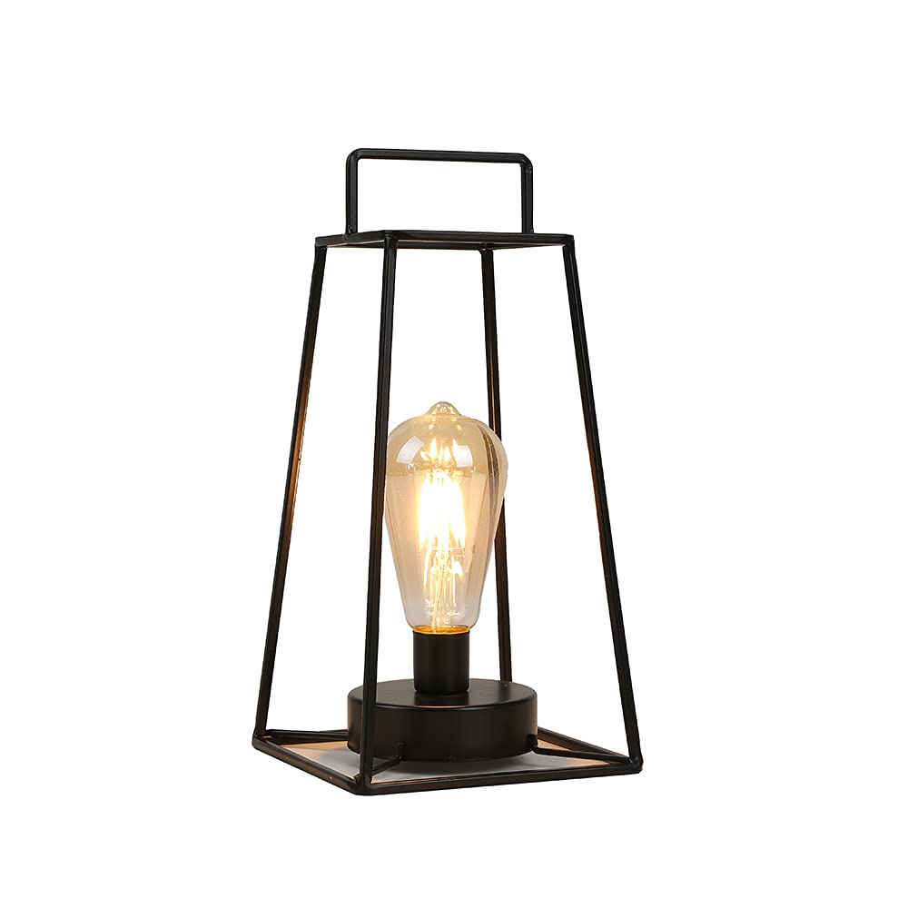 JHY DESIGN Retro Style Geometric Table Lamp 12''H Simple Iron Art Cordless Lamp Battery Operated Cage Wireless Light with 6-Hours Timer for Balcony Wedding Parties Indoor Outdoor(Tall, Black)