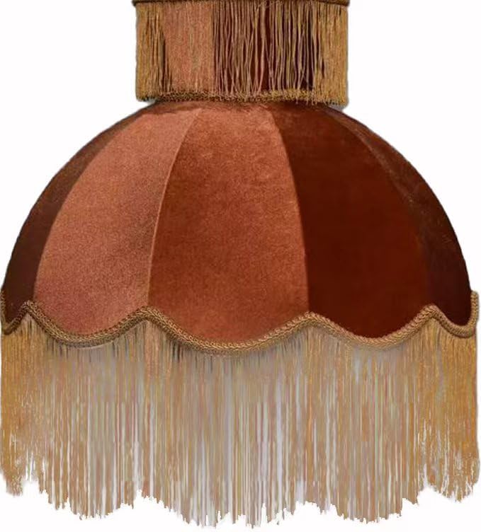 Caramel-colored velvet fringe lampshade 7.8" Top x 17.7" Bottom x 13.4" High x 15 Slant"- Large Dome with Scalloped Edge & Fringe Tassels, for Table/Floor Lamps (1, Caramel, Large)