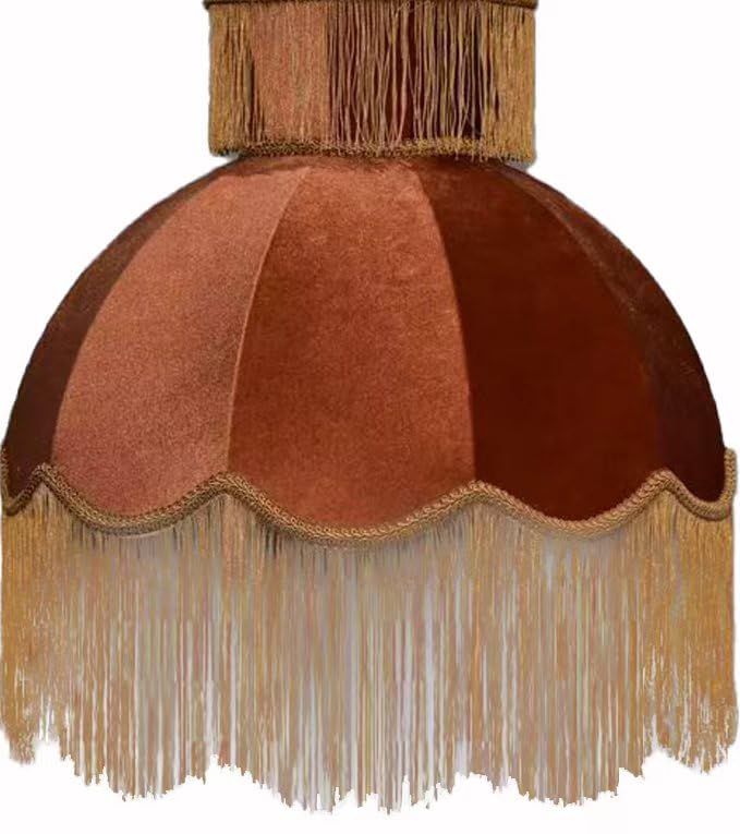 Caramel-colored velvet fringe lampshade 7.8" Top x 17.7" Bottom x 13.4" High x 15 Slant"- Large Dome with Scalloped Edge & Fringe Tassels, for Table/Floor Lamps (1, Caramel, Large)
