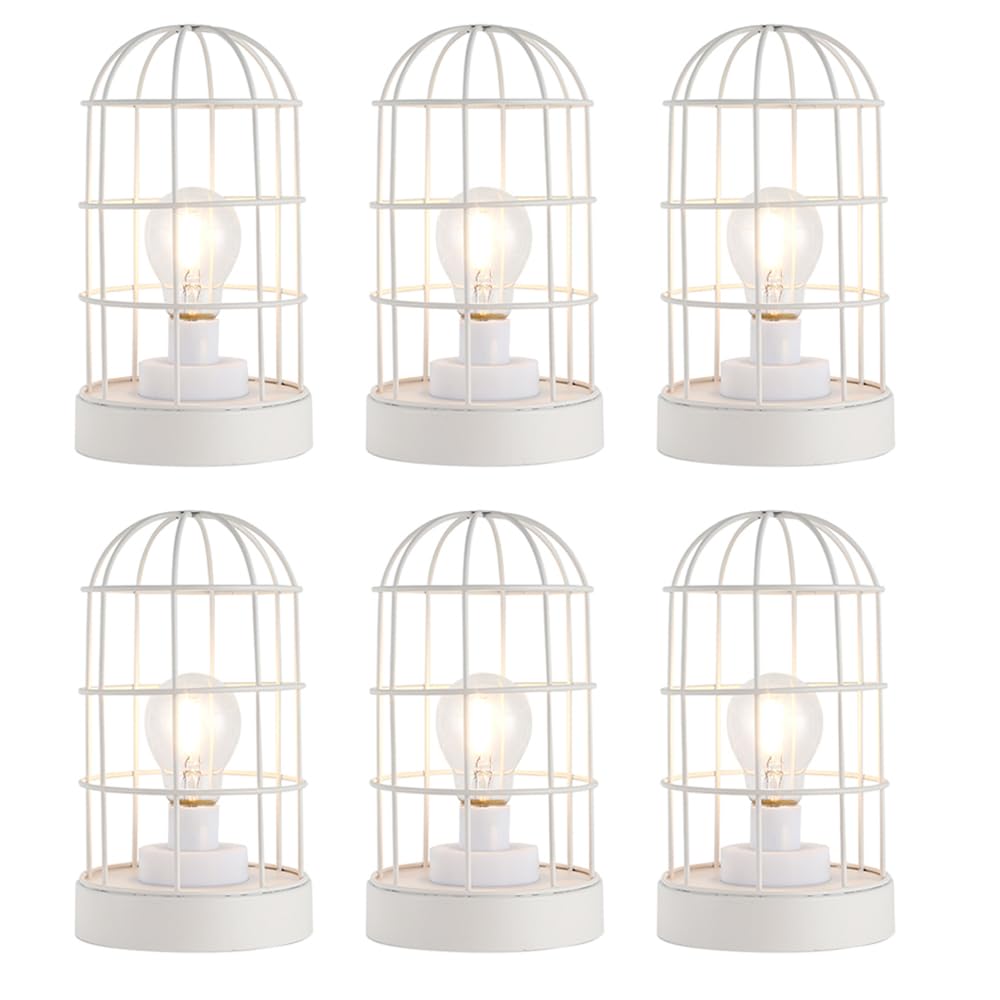 JHY DESIGN 10” Vintage Metal Cage Table Lamp, Battery Operated Cordless LED Decorative Lantern, Rustic Brown Sand Finish Lamp for Bedroom Living Room Kitchen Patio Wedding Home Decor (Black)