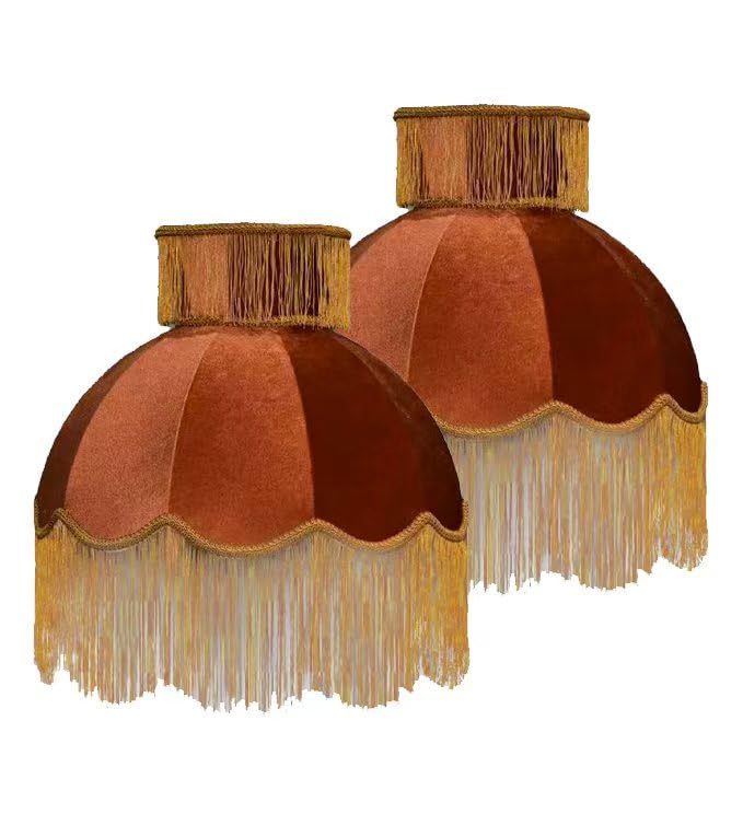 Caramel-colored velvet fringe lampshade 7.8" Top x 17.7" Bottom x 13.4" High x 15 Slant"- Large Dome with Scalloped Edge & Fringe Tassels, for Table/Floor Lamps (1, Caramel, Large)