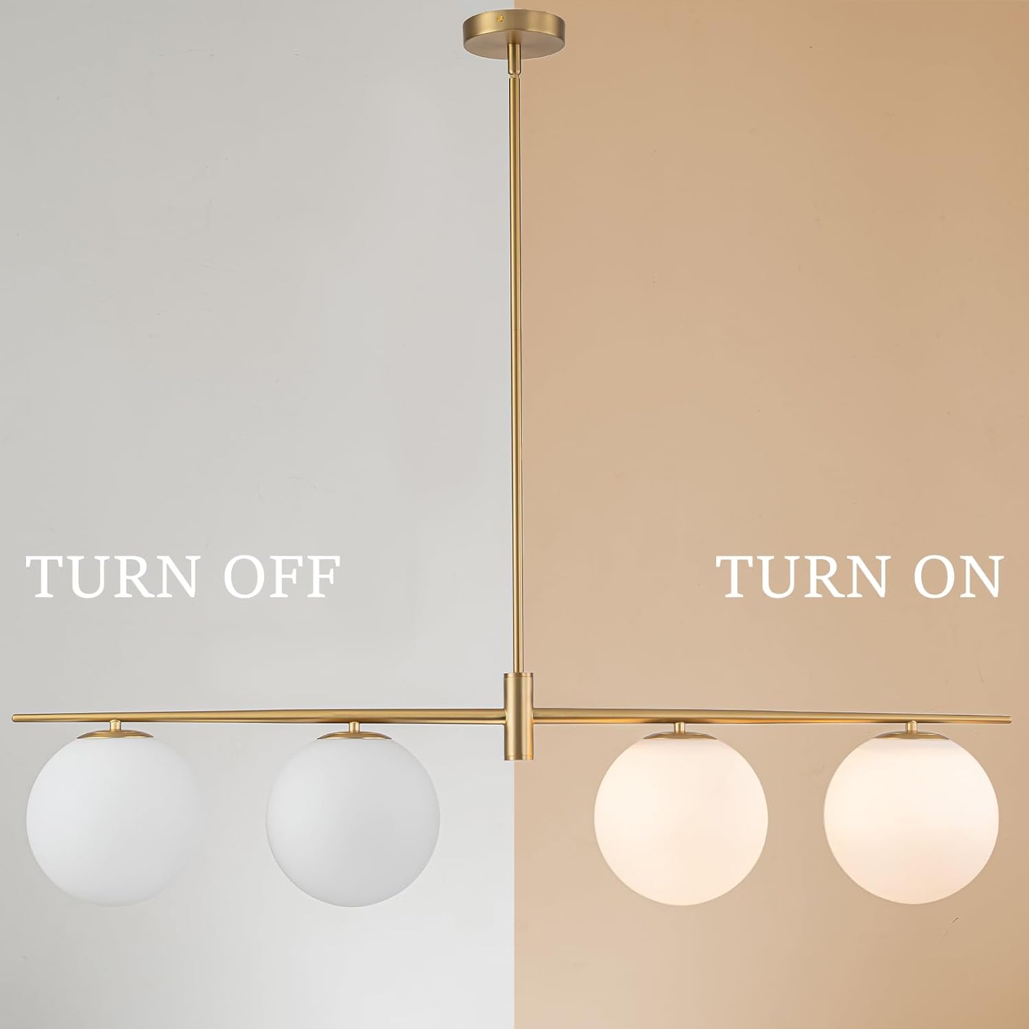 Brushed Gold 4-Light Linear Chandelier, Milk Glass Globe Dining Room Light