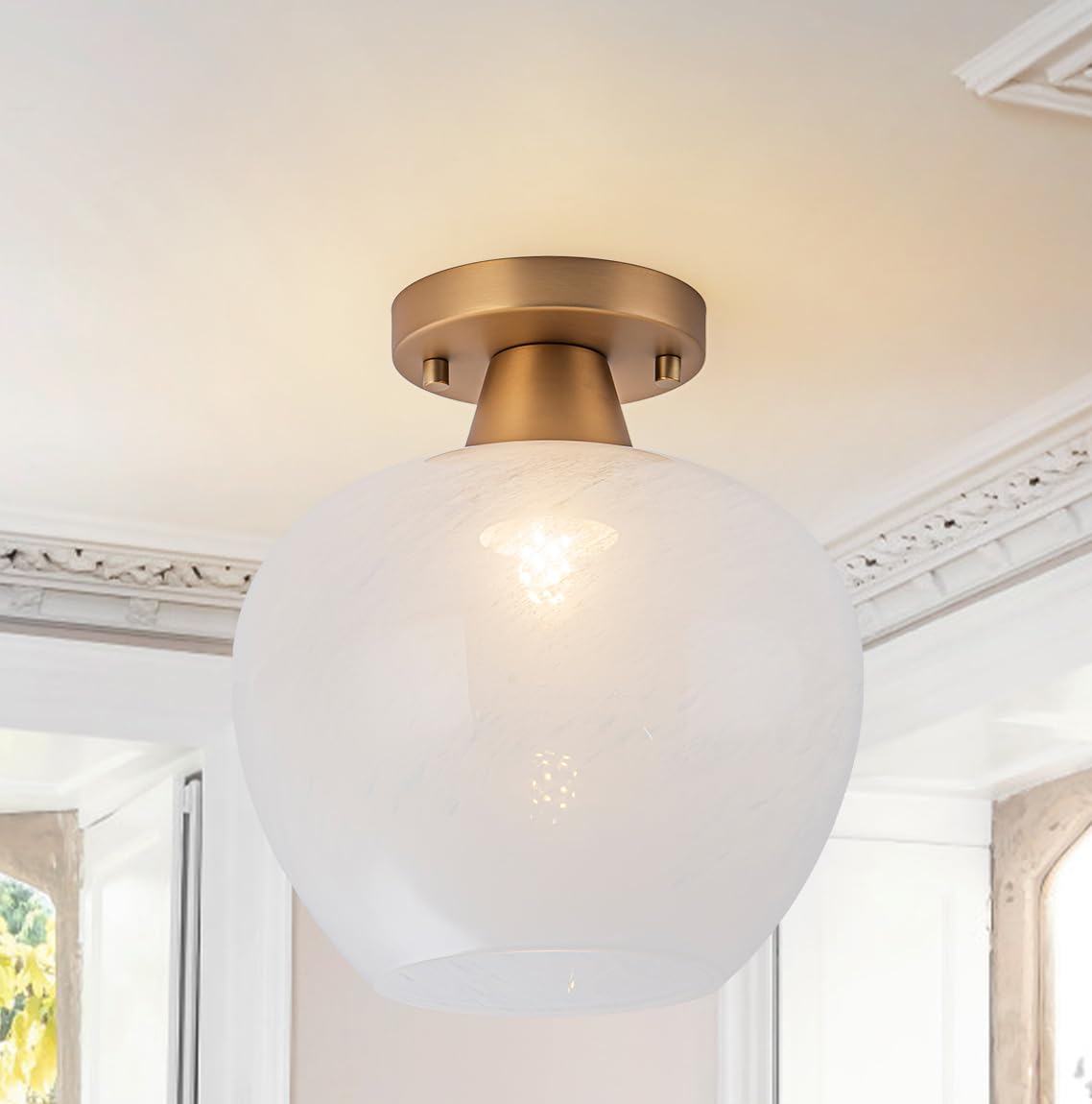 Brushed Gold 4-Light Linear Chandelier, Milk Glass Globe Dining Room Light