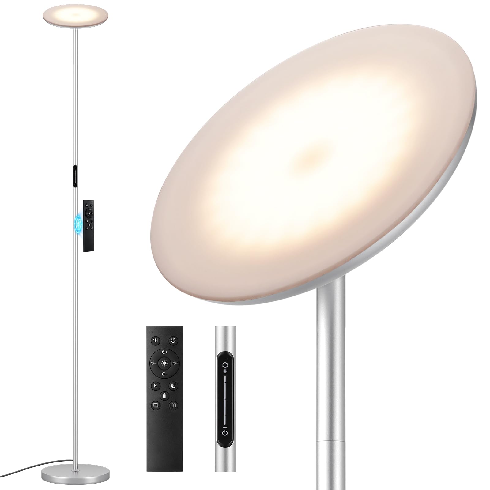 Modern LED Floor Lamp - Remote & Touch Control, 40W/2400LM Sky Torchiere Standing Lamp, Fully Dimmable, 3 Color Temperatures, Ideal for Living Room & Bedroom, Easy to Assemble