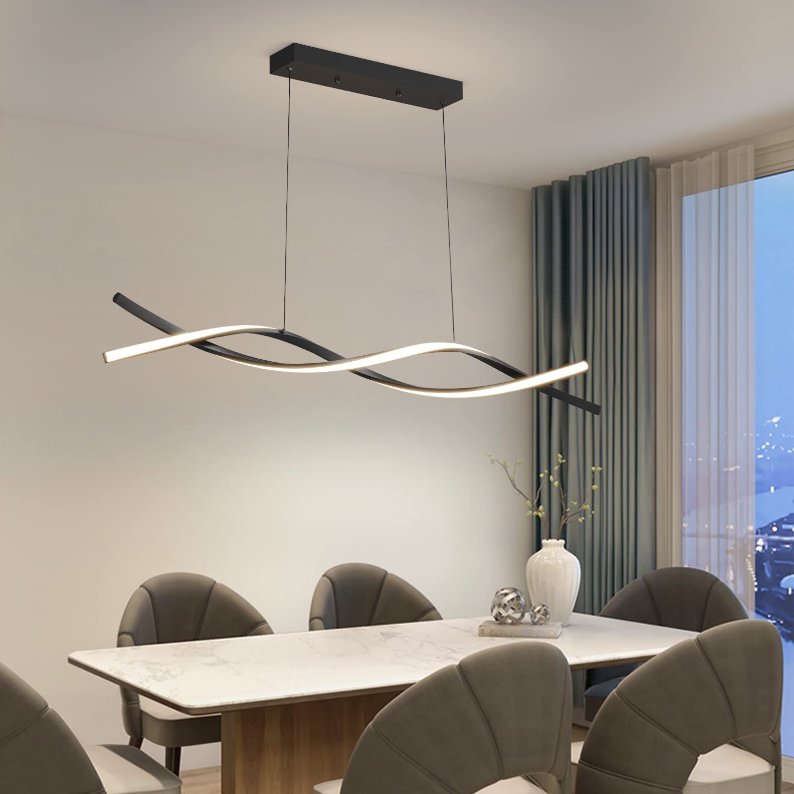 Modern Chandelier, Linear Pendant Light LED Dimmable Hanging Light Fixture, 3000K-6500K with Remote Control (Black, 47IN)