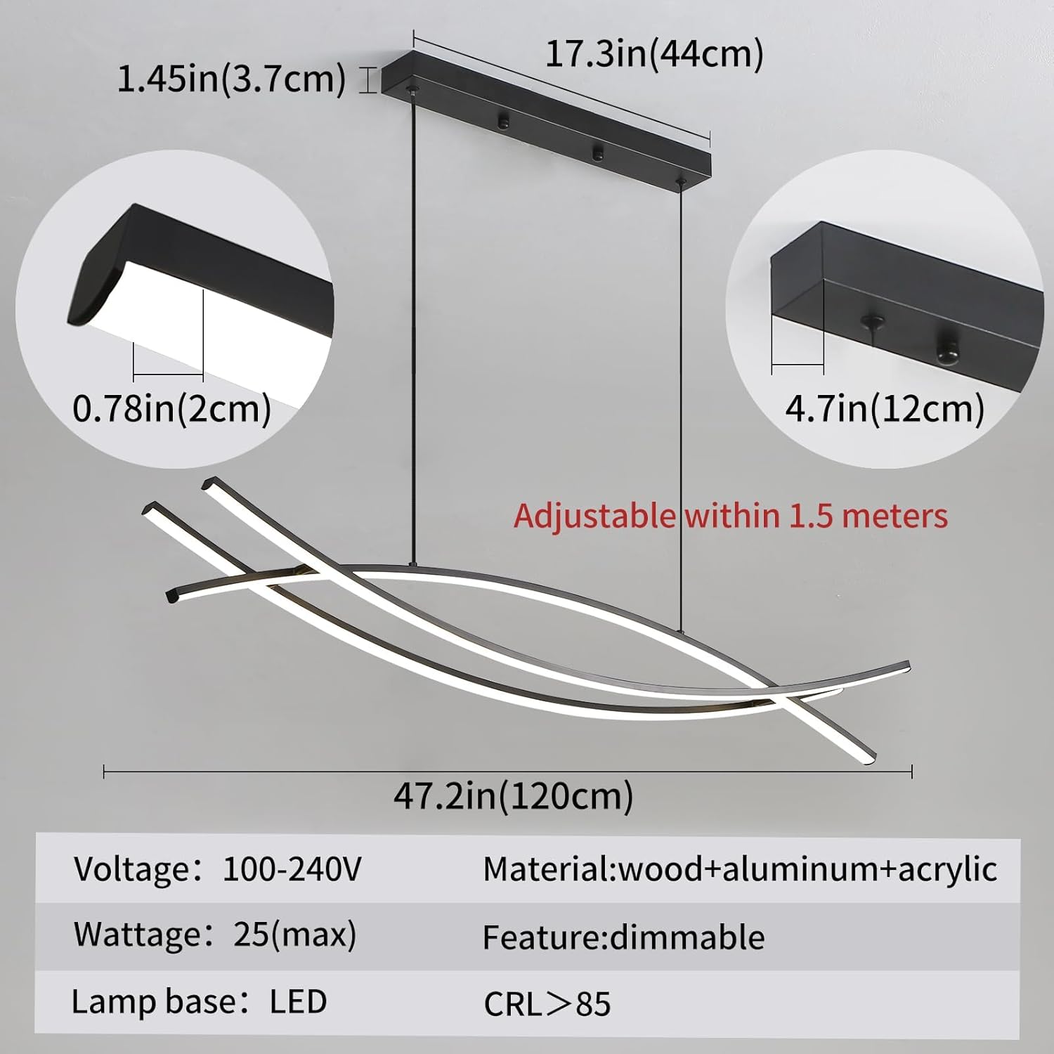 Modern Chandelier, Linear Pendant Light LED Dimmable Hanging Light Fixture, 3000K-6500K with Remote Control (Black, 47IN)