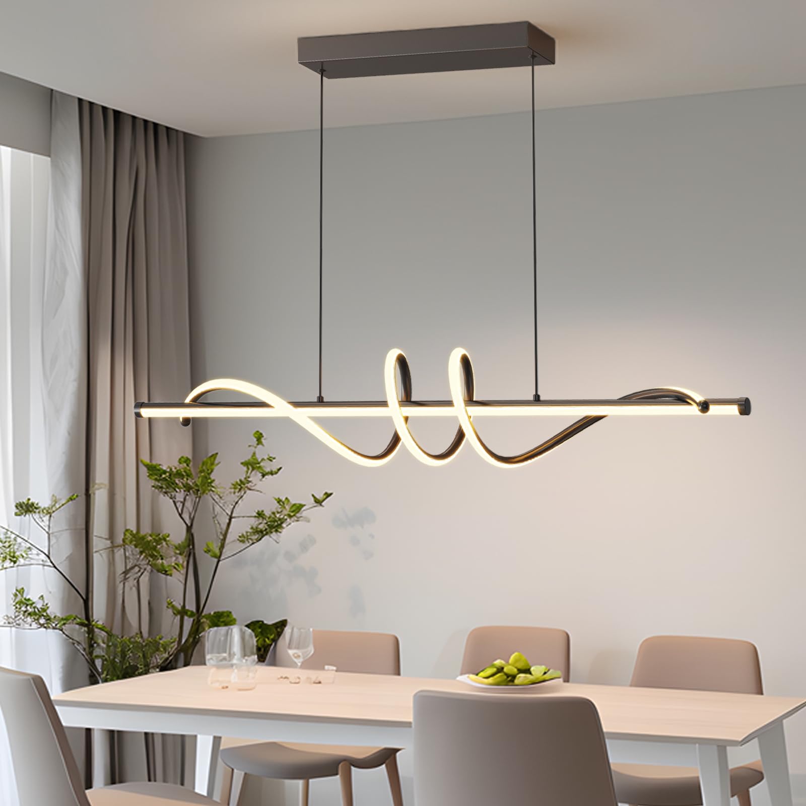 Modern Ceiling Pendant Light,47in LED Black Linear Ceiling Chandelier Light Dining Room,Living Room,Warm & Cool, Neutral Light,Aluminum Island Lighting Hanging Pendant Light for Kitchen