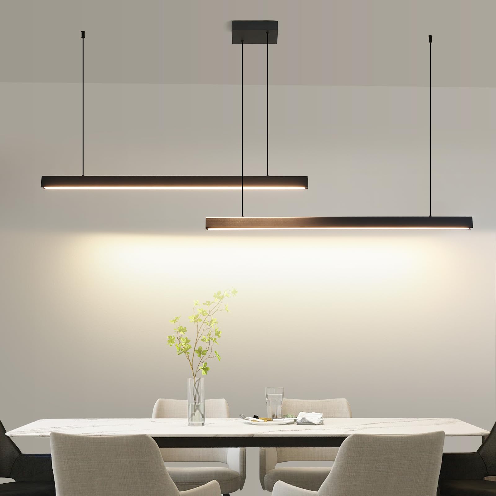 Modern Wooden Pendant Light, 47IN Walnut Wooden Chandelier with Remote Control 3000k-6500K Adjustable Color Temperature，Aluminum Island Lighting Lamp for Dining Room, Living Room