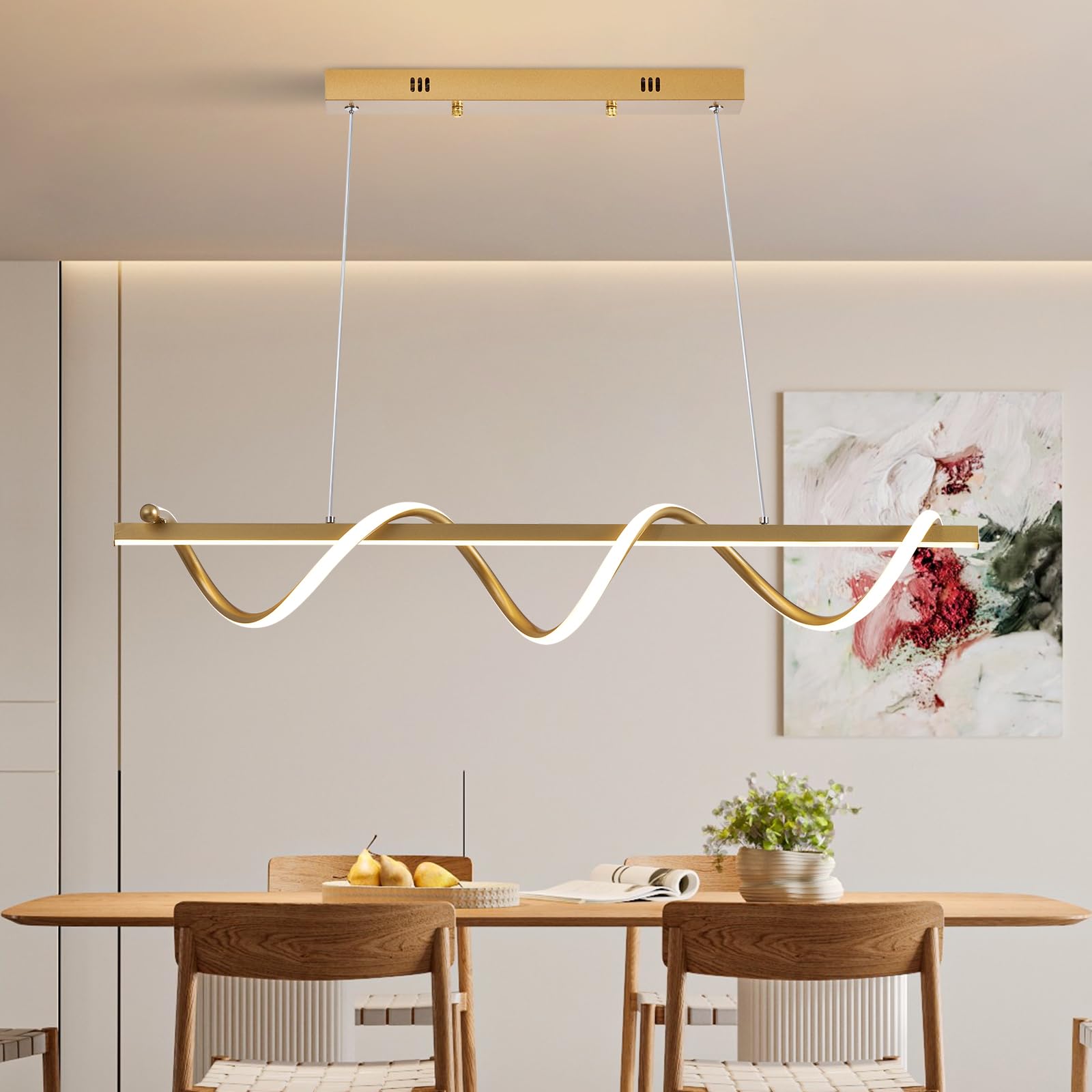Modern LED Chandelier 31.49in Waving Linear Pendant Light Dimmable 3000K-6000K with Remote Control Hanging Island Light Fixture for Dining Room Living Room