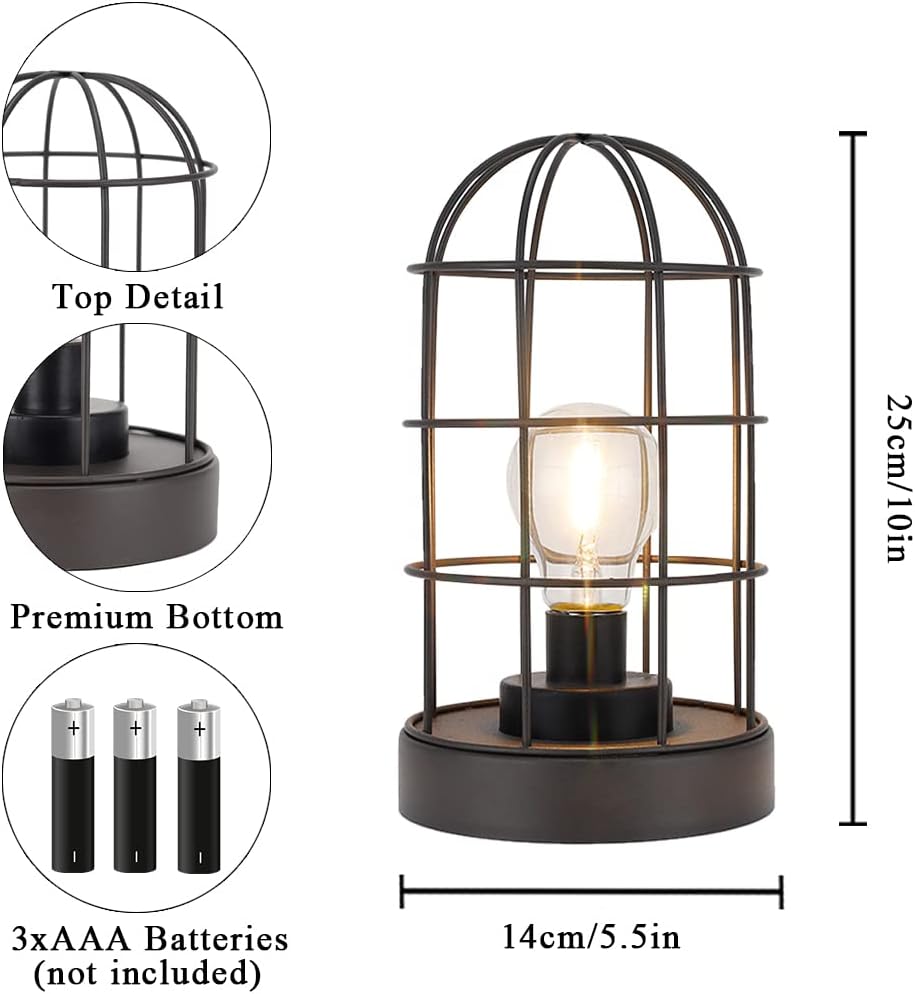 JHY DESIGN 10” Vintage Metal Cage Table Lamp, Battery Operated Cordless LED Decorative Lantern, Rustic Brown Sand Finish Lamp for Bedroom Living Room Kitchen Patio Wedding Home Decor (Black)