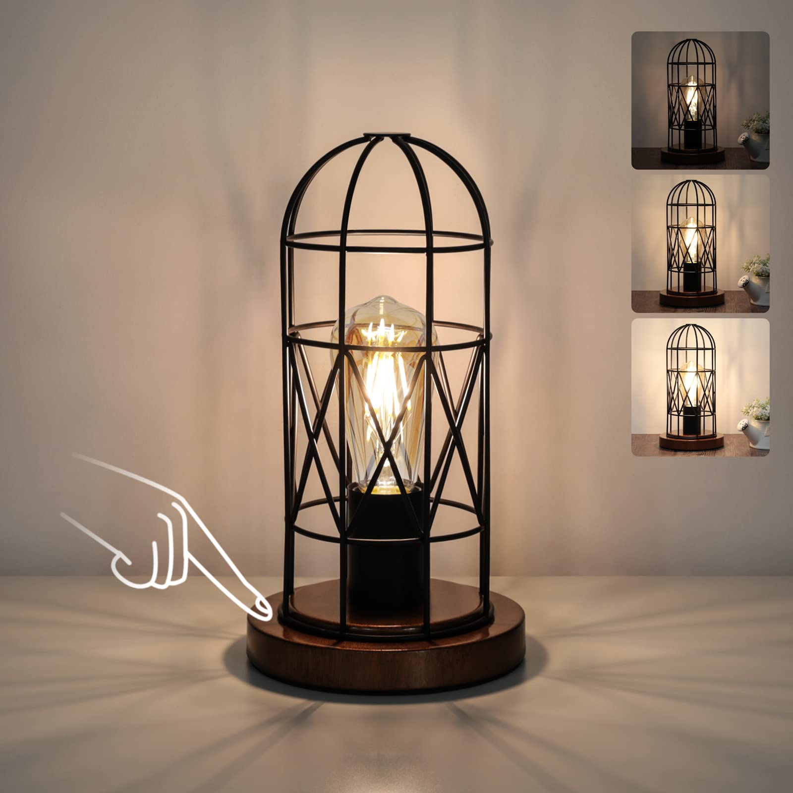 Industrial Table Lamp, Small Touch Lamp with Rustic Cage Vintage Bedside Lamp 3 Way Dimmable Nightstand Lamp Edison Desk Lamp for Bedroom, Living Room, Hallway, Entryway, Kitchen, 4W LED Bulb Included