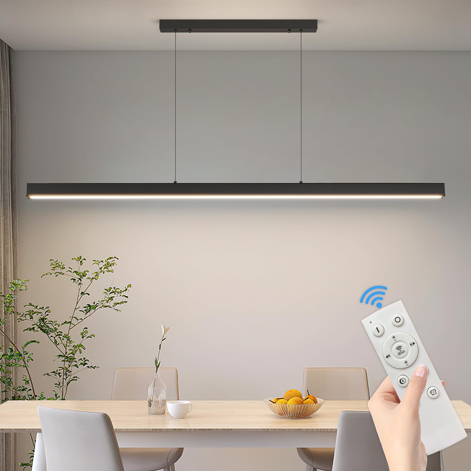 Black 47" LED Island Pendant Light, Dimmable 25W with Remote for Pool Table