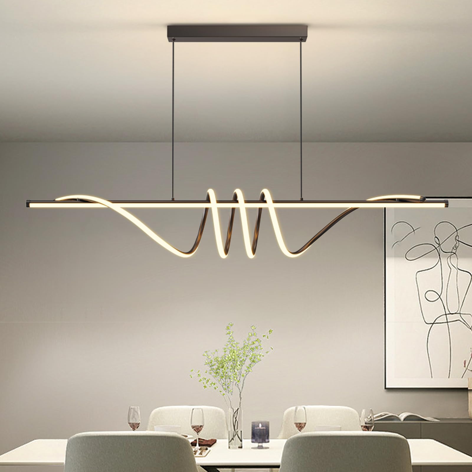 Modern Ceiling Pendant Light,47in LED Black Linear Ceiling Chandelier Light Dining Room,Living Room,Warm & Cool, Neutral Light,Aluminum Island Lighting Hanging Pendant Light for Kitchen