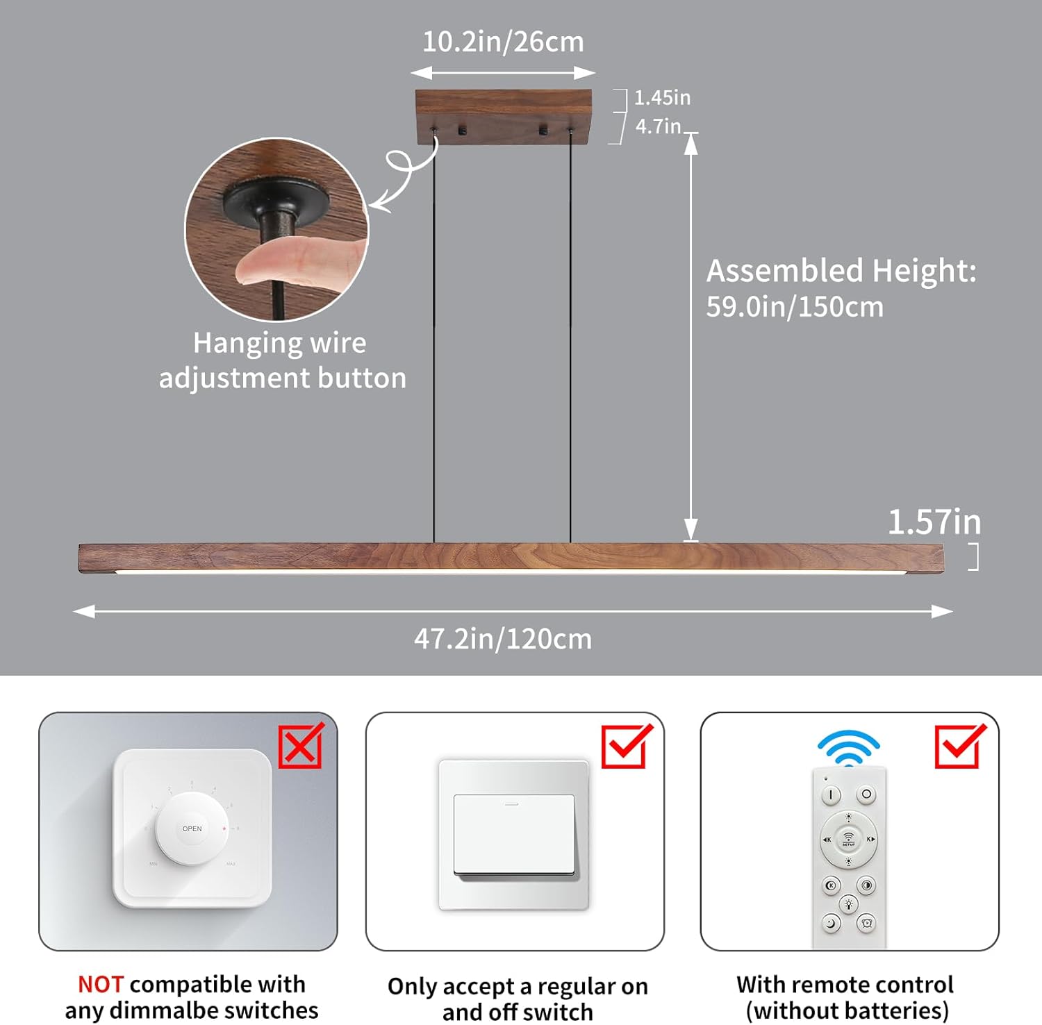Modern Wooden Pendant Light, 47IN Walnut Wooden Chandelier with Remote Control 3000k-6500K Adjustable Color Temperature，Aluminum Island Lighting Lamp for Dining Room, Living Room