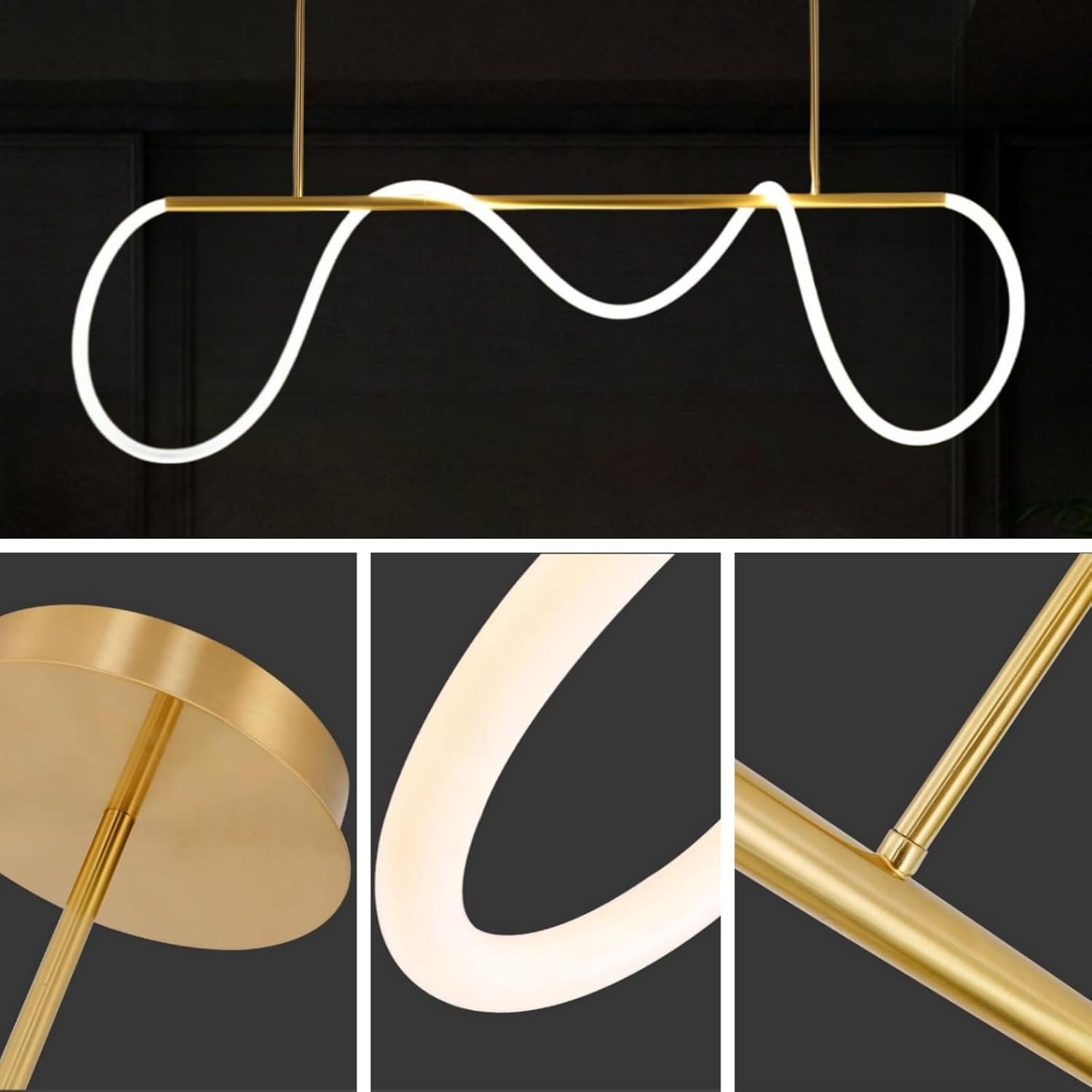 Modern Dimmable Desk Linear Pendant Light, with Remote 3 Color Mode & Brightness Ring Chandelier, 47 in Dining Room Ceiling Lamp Fixture, Gold Restaurant Kitchen Long Hose Lamp