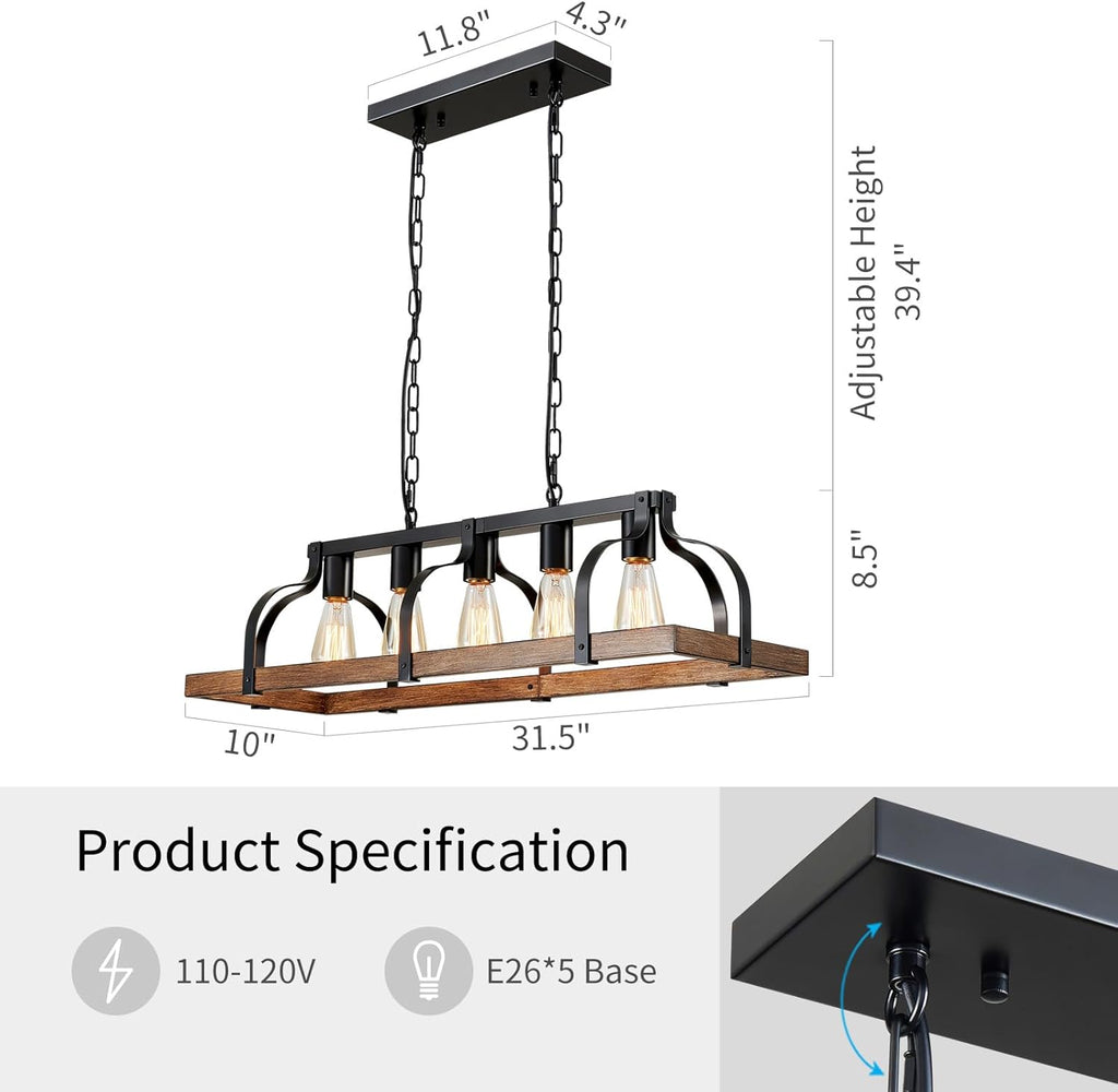 WUZUPS 5-Light Metal Chandelier Imitation Wood Grain Linear Pendant Ceiling Lighting Rustic Farmhouse Fixture Kitchen Island Dining Room, H 8.5" L 31.5" W10, E26 Base, Black & Retro Wood