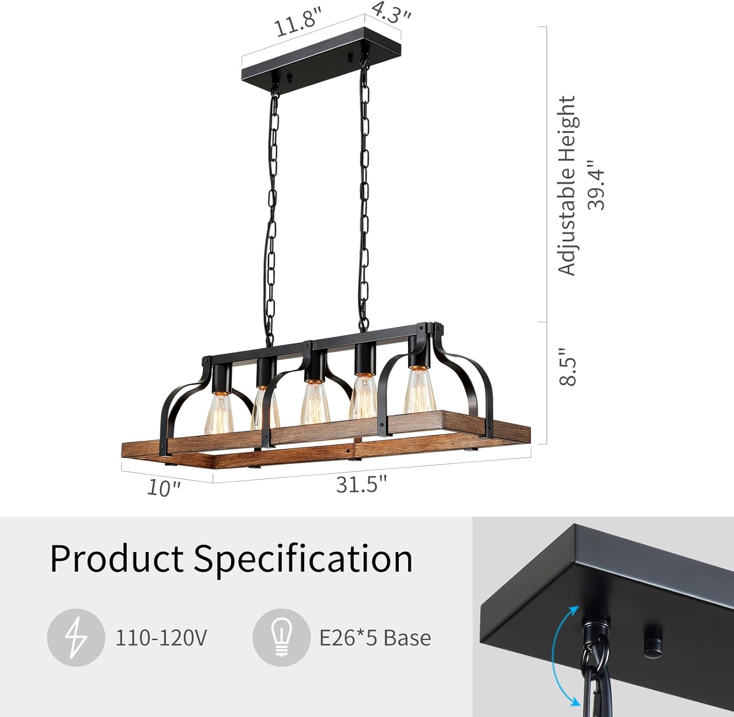 WUZUPS 5-Light Metal Chandelier Imitation Wood Grain Linear Pendant Ceiling Lighting Rustic Farmhouse Fixture Kitchen Island Dining Room, H 8.5" L 31.5" W10, E26 Base, Black & Retro Wood