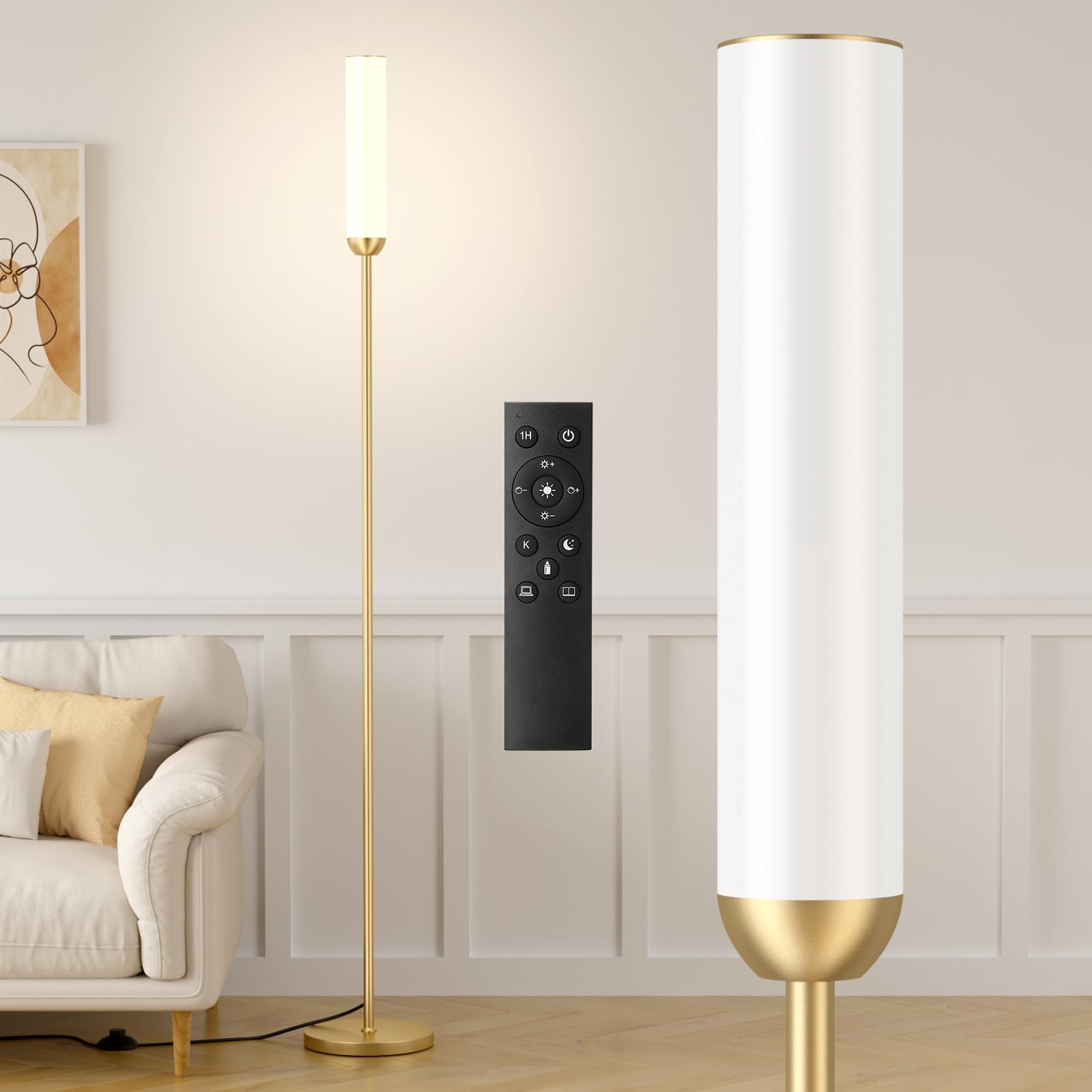Ambimall LED Floor Lamp with Remote Control, 65" Standing lamp with Stepless Adjustable 3000K-6500K Colors & 30-100% Brightness, Foot Switch(Black)