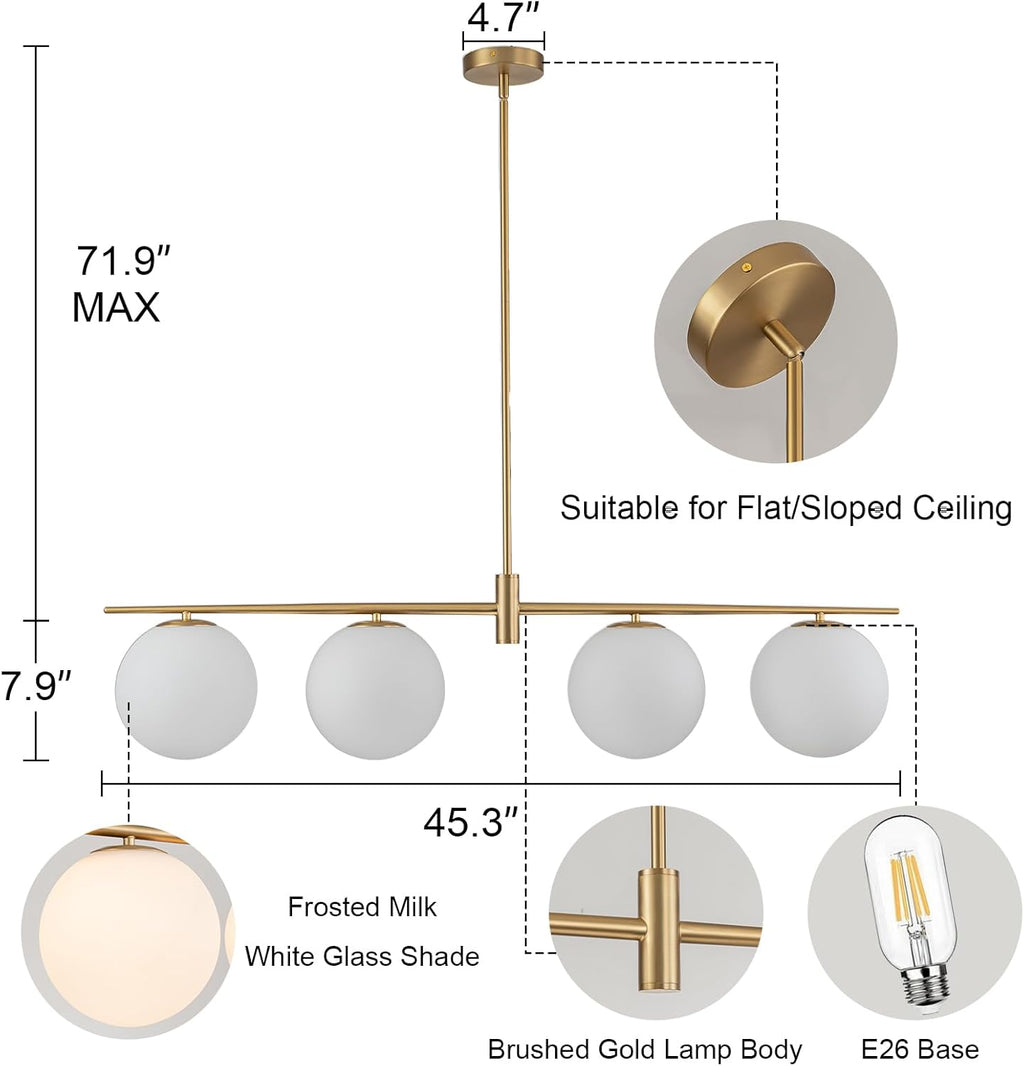 Brushed Gold 4-Light Linear Chandelier, Milk Glass Globe Dining Room Light