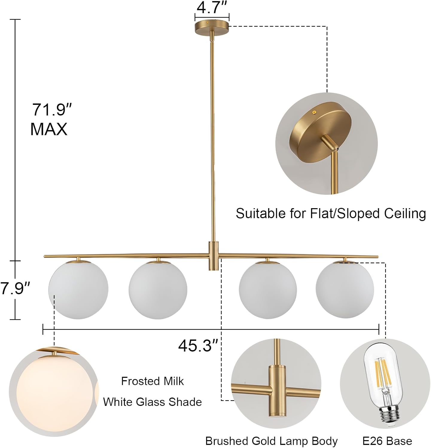 Brushed Gold 4-Light Linear Chandelier, Milk Glass Globe Dining Room Light