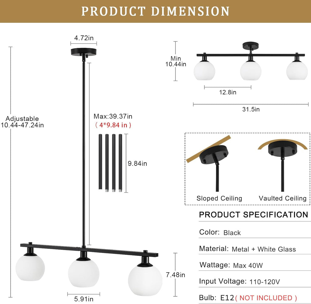 Kitchen Island Lighting 3 Lights Linear Pendant Light Fixtures With Milk Glass Shades Black Farmhouse Chandeliers for Dining Room Chandelier Over Table Mid Century Modern Hanging Light Fixture for Bar