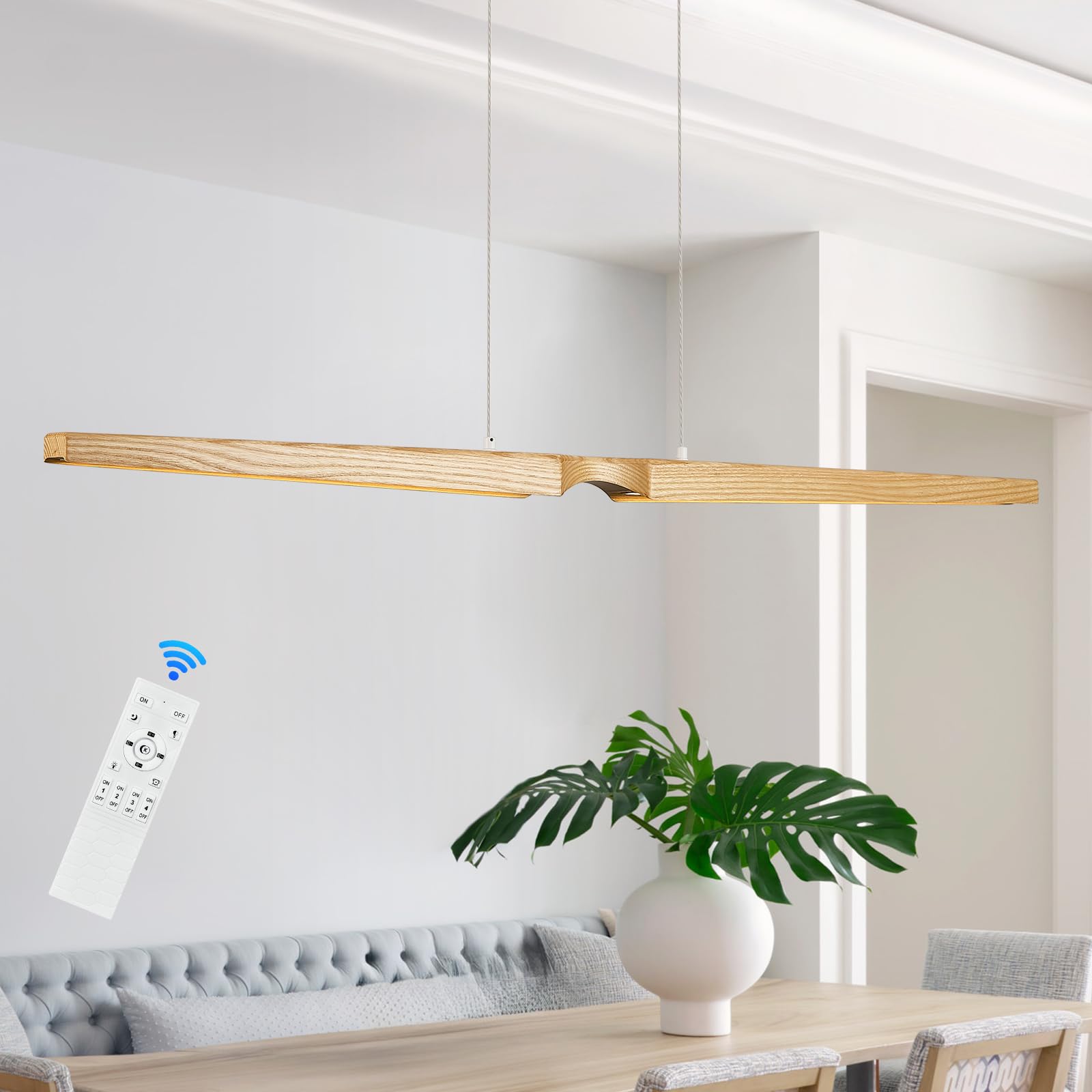 Modern LED Linear Pendant Lights 52 inch LED Chandelier Lighting for Home Office Black and Wood Dining Room Hanging Light Fixture Modern Dimmable Kitchen Island Lighting