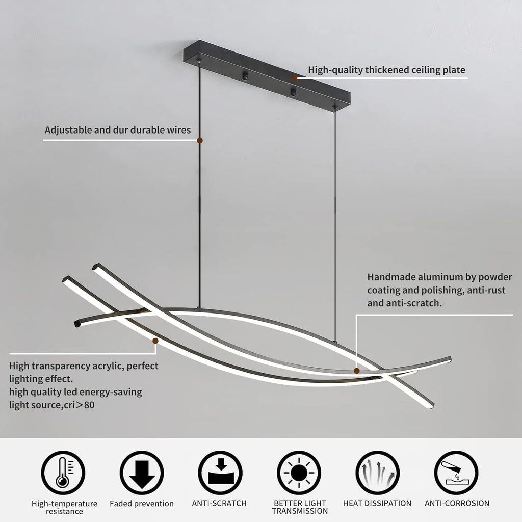 Modern Chandelier, Linear Pendant Light LED Dimmable Hanging Light Fixture, 3000K-6500K with Remote Control (Black, 47IN)