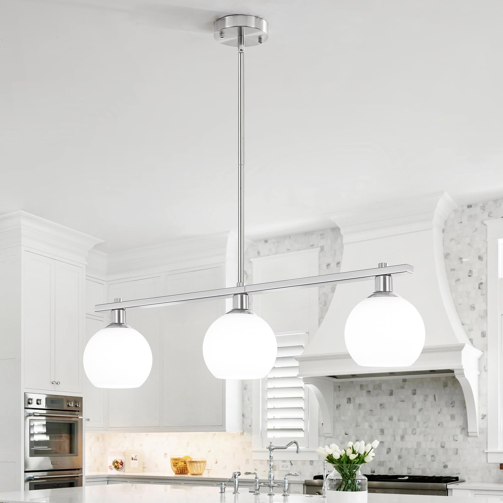 Kitchen Island Lighting 3 Lights Linear Pendant Light Fixtures With Milk Glass Shades Black Farmhouse Chandeliers for Dining Room Chandelier Over Table Mid Century Modern Hanging Light Fixture for Bar