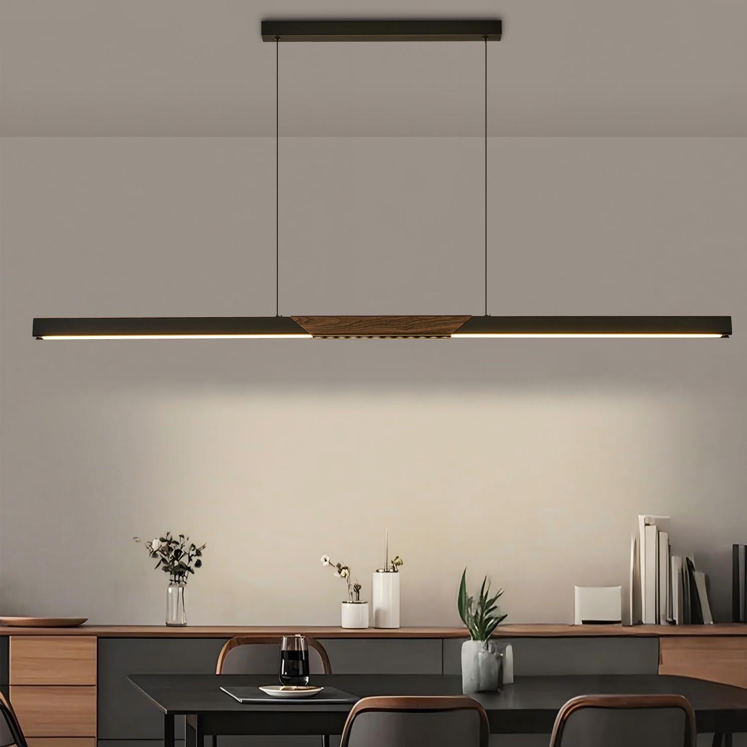 94″ Black Linear Pendant Light - Dimmable High Output LED, Modern Black Finish with Walnut Wood Grain Accent, 8ft Length Perfect for Pool Table, Dining Room, Conference Room