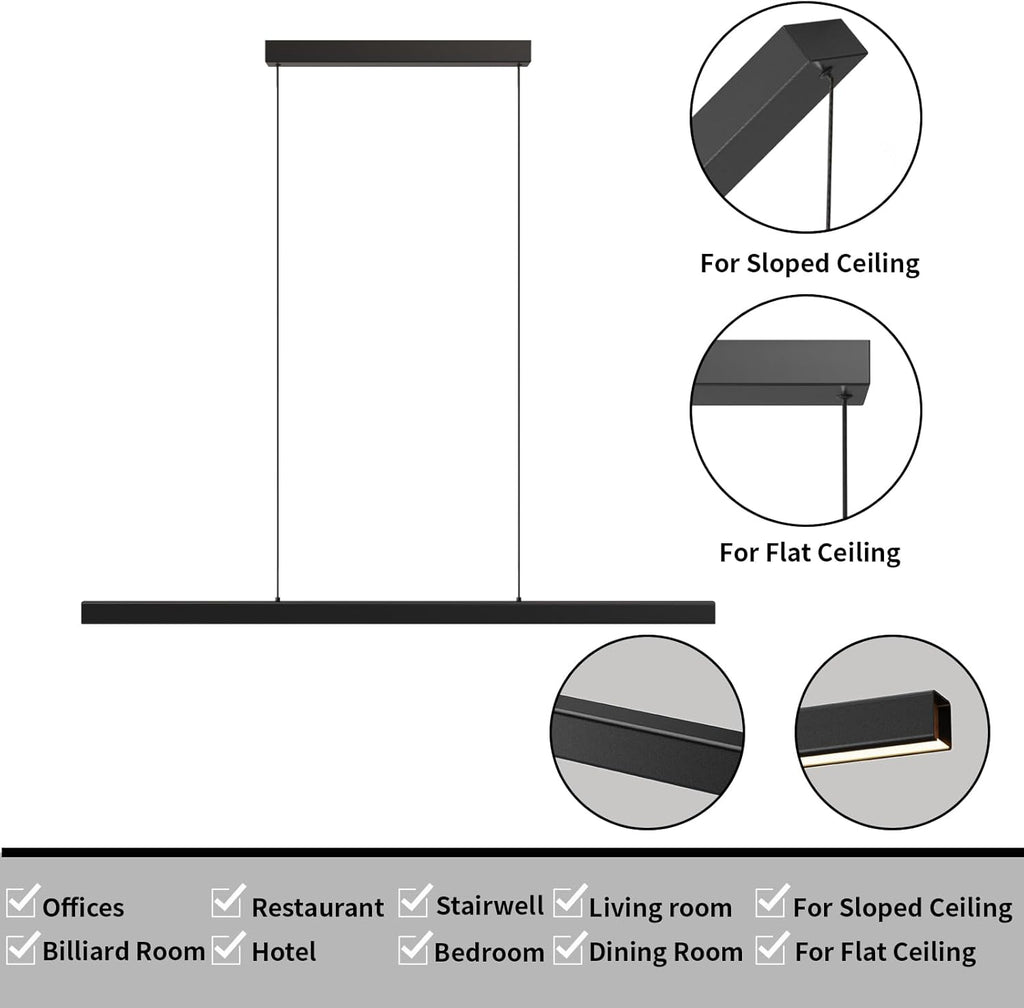 Modern Ceiling Pendant Light,47in LED Black Linear Ceiling Chandelier Light Dining Room,Living Room,Warm & Cool, Neutral Light,Aluminum Island Lighting Hanging Pendant Light for Kitchen