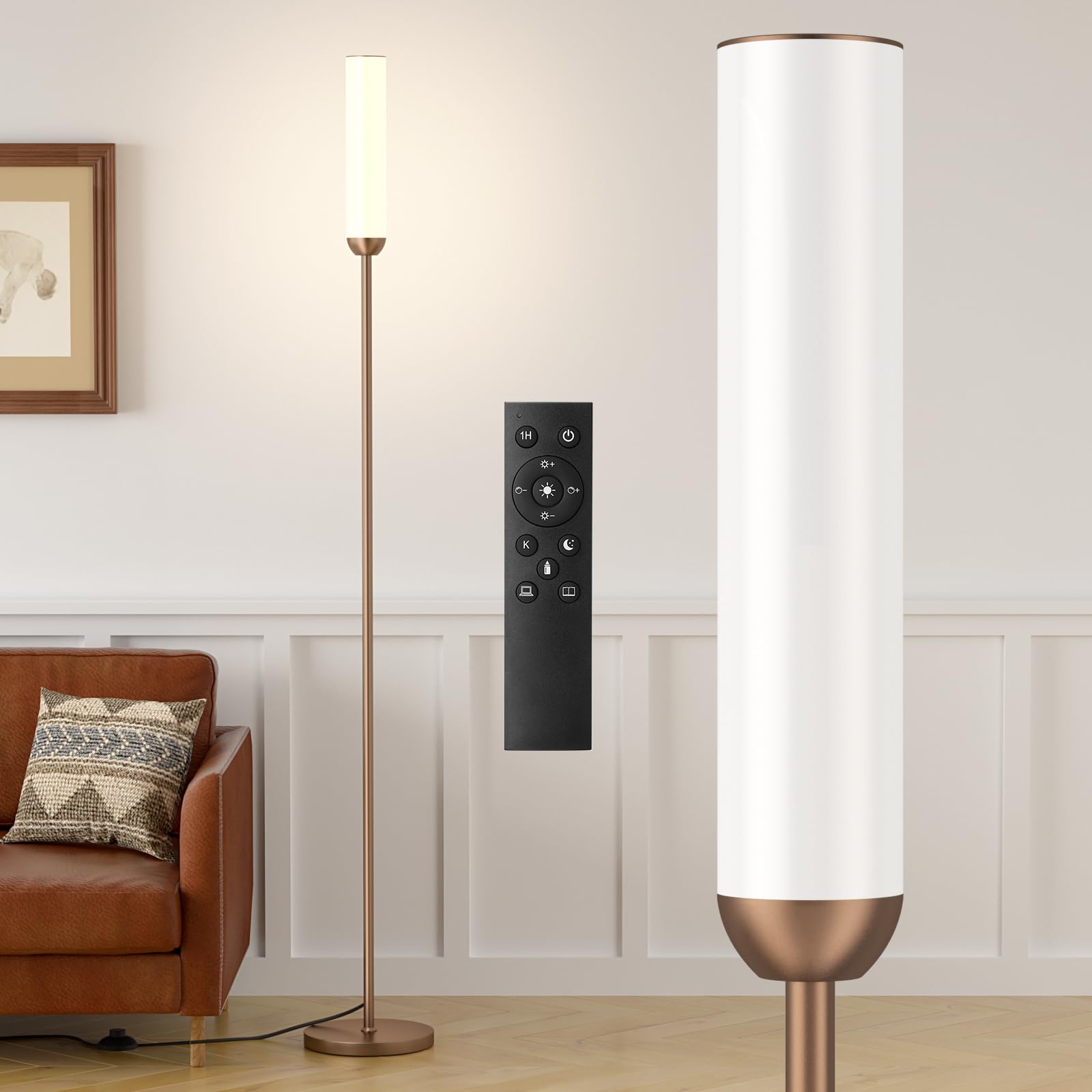 Ambimall LED Floor Lamp with Remote Control, 65" Standing lamp with Stepless Adjustable 3000K-6500K Colors & 30-100% Brightness, Foot Switch(Black)