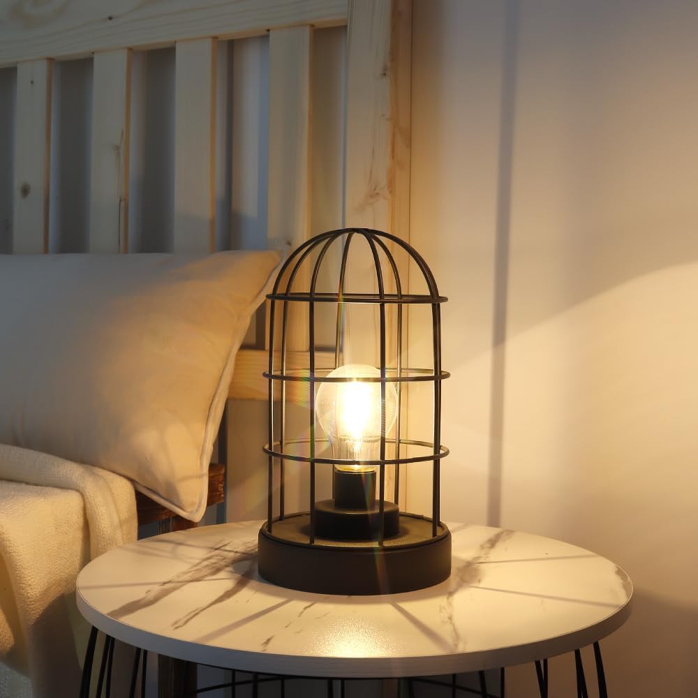 JHY DESIGN 10” Vintage Metal Cage Table Lamp, Battery Operated Cordless LED Decorative Lantern, Rustic Brown Sand Finish Lamp for Bedroom Living Room Kitchen Patio Wedding Home Decor (Black)