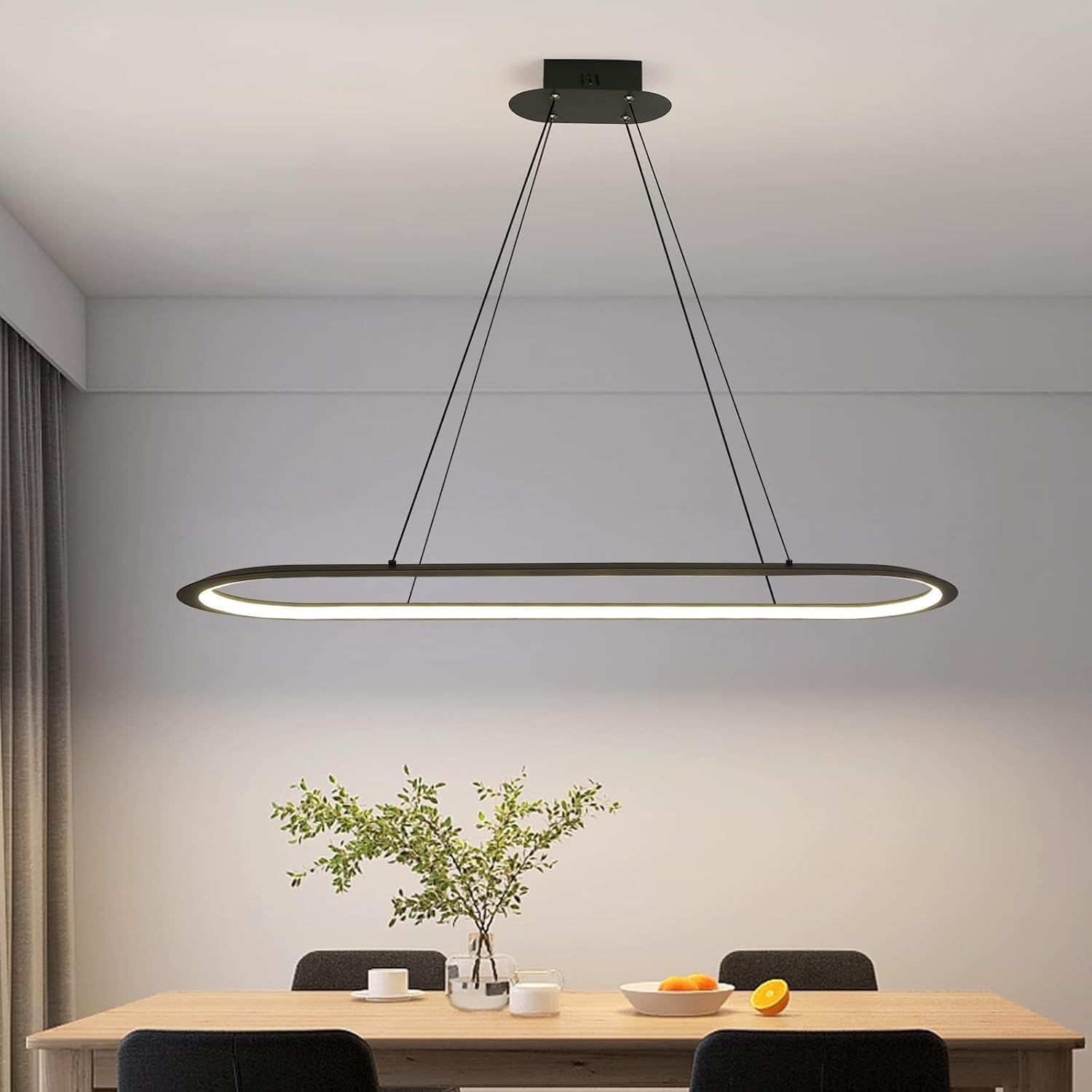Modern Chandelier, Linear Pendant Light LED Dimmable Hanging Light Fixture, 3000K-6500K with Remote Control (Black, 47IN)