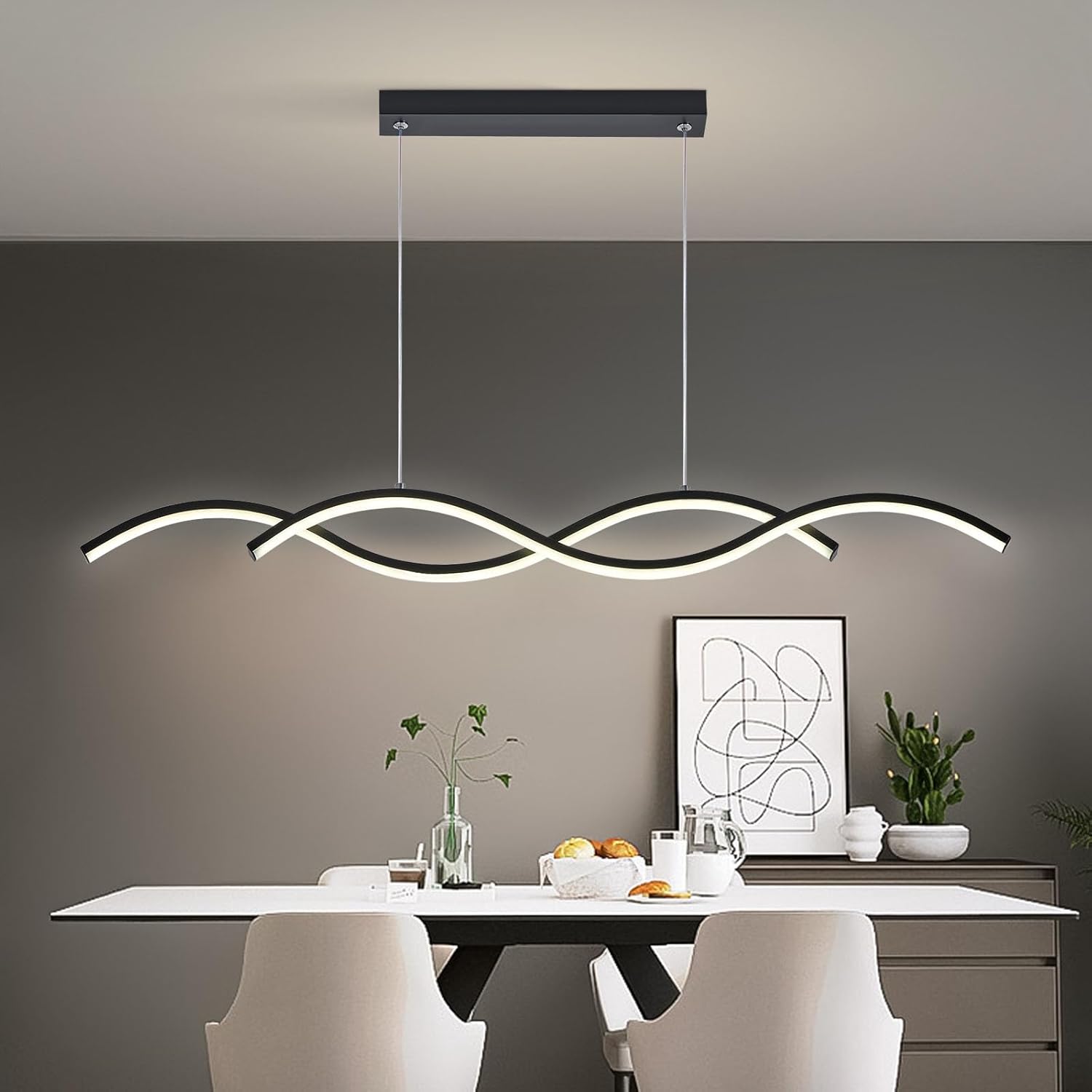 Modern LED Chandelier 31.49in Waving Linear Pendant Light Dimmable 3000K-6000K with Remote Control Hanging Island Light Fixture for Dining Room Living Room