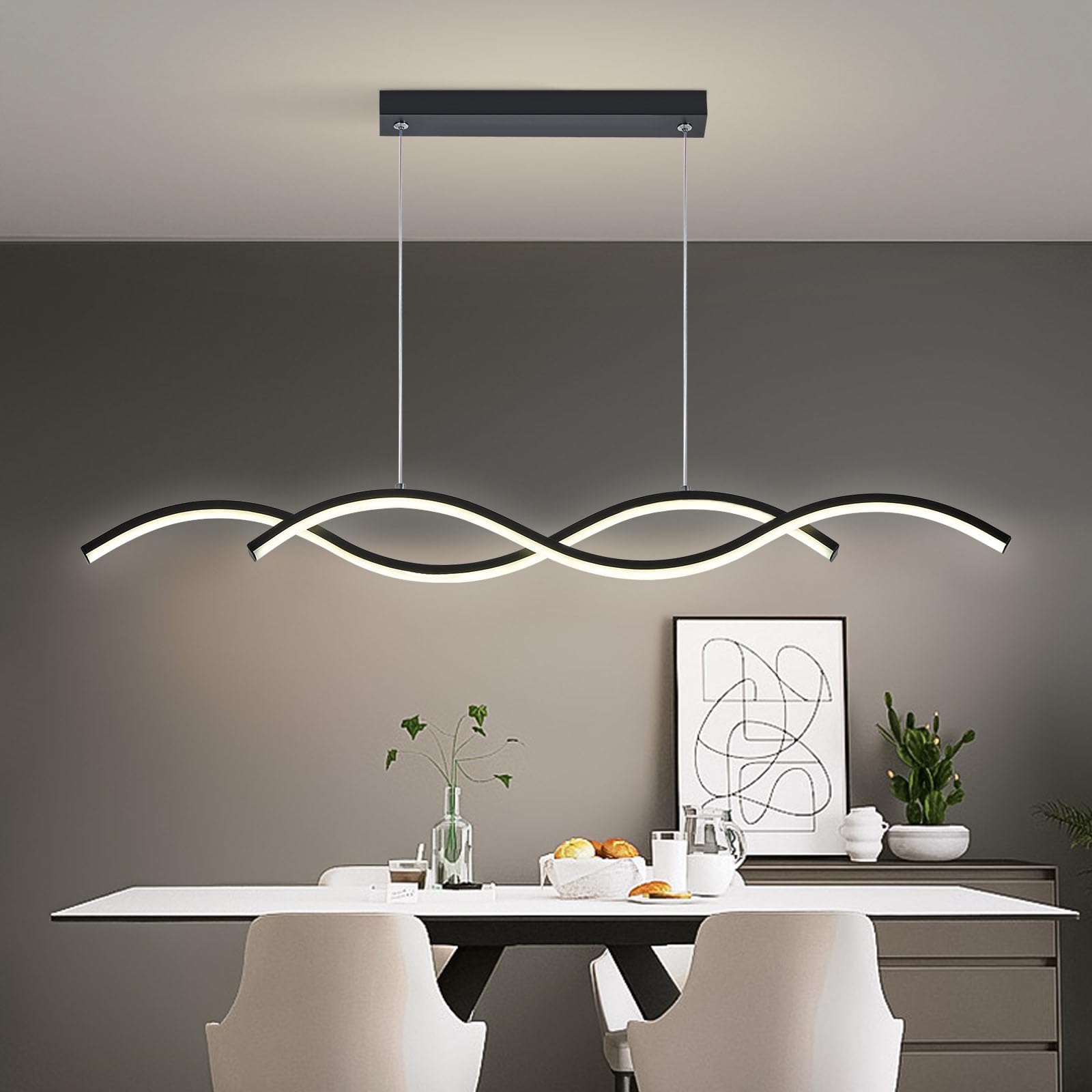 Modern LED Chandelier 31.49in Waving Linear Pendant Light Dimmable 3000K-6000K with Remote Control Hanging Island Light Fixture for Dining Room Living Room