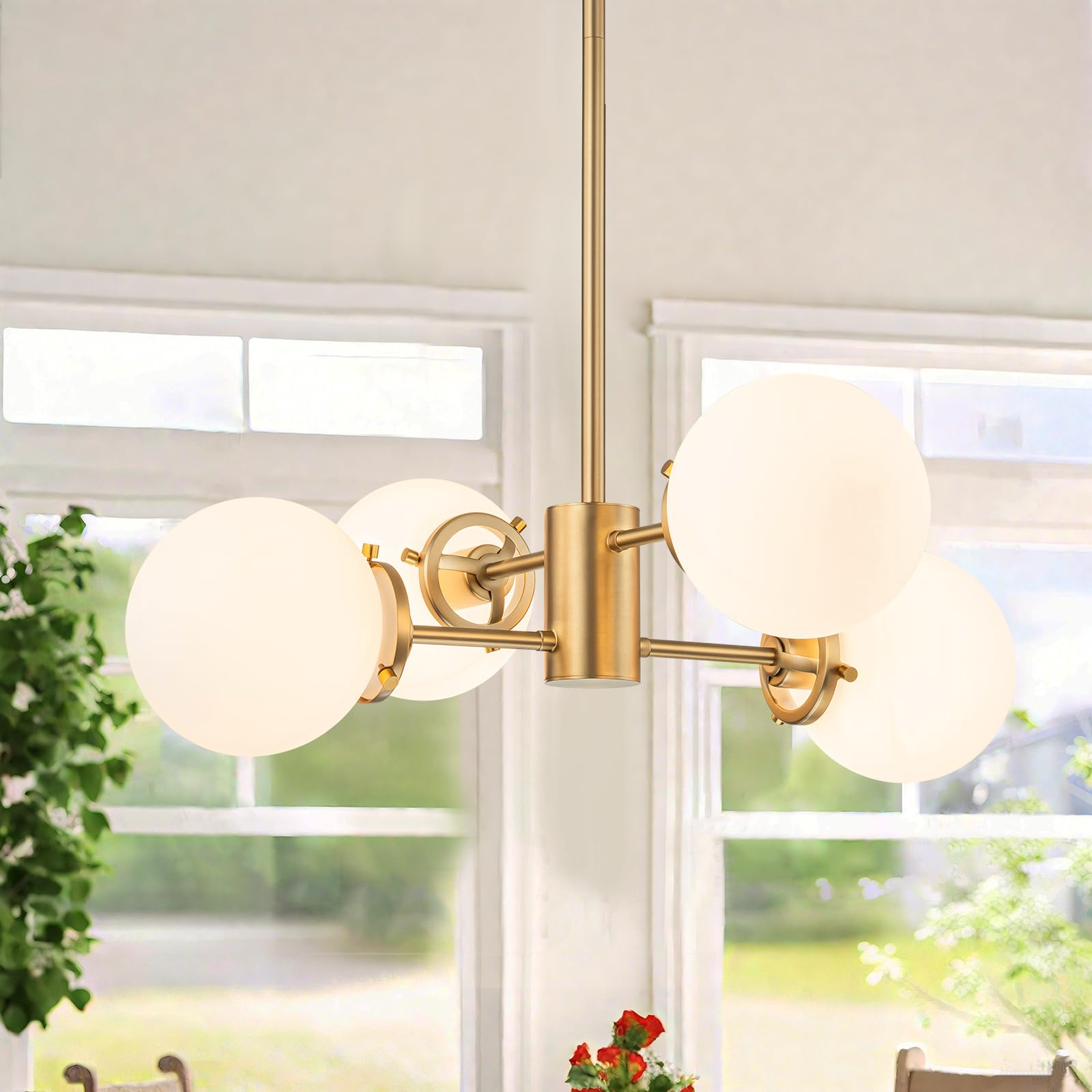 Brushed Gold 4-Light Linear Chandelier, Milk Glass Globe Dining Room Light
