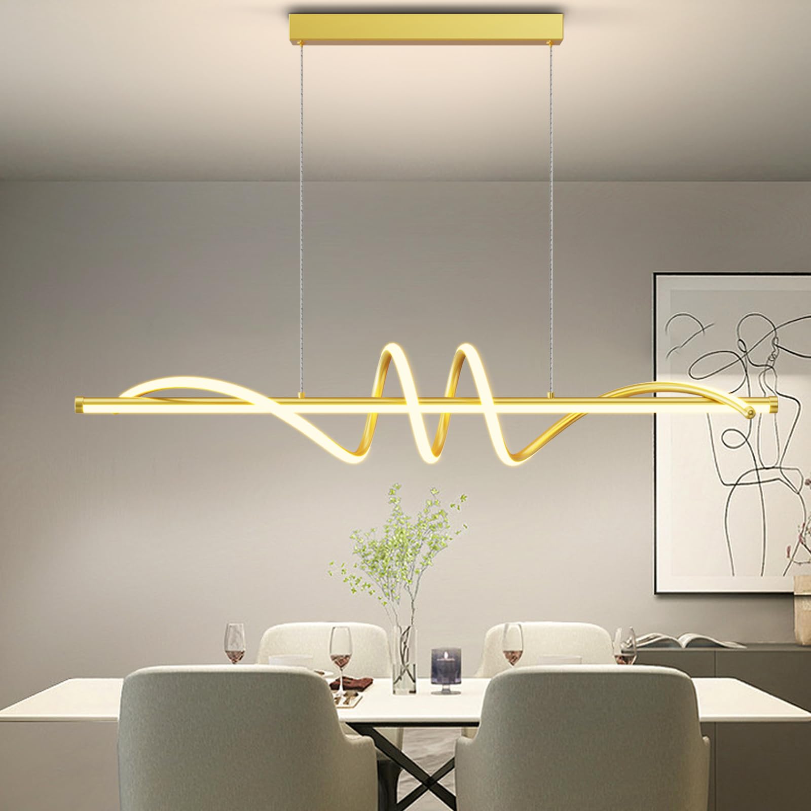 Modern Ceiling Pendant Light,47in LED Black Linear Ceiling Chandelier Light Dining Room,Living Room,Warm & Cool, Neutral Light,Aluminum Island Lighting Hanging Pendant Light for Kitchen