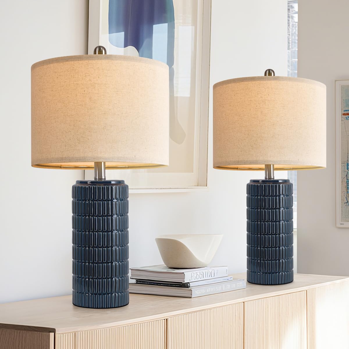 PoKat 20.75" Small Modern Ceramic Table Lamps Set of 2 for Bedroom, White Bedside Lamps for Night Stands, Farmhouse Desk Home Decor Gift Nightstand Table Lamps for Living Room End Table Beige