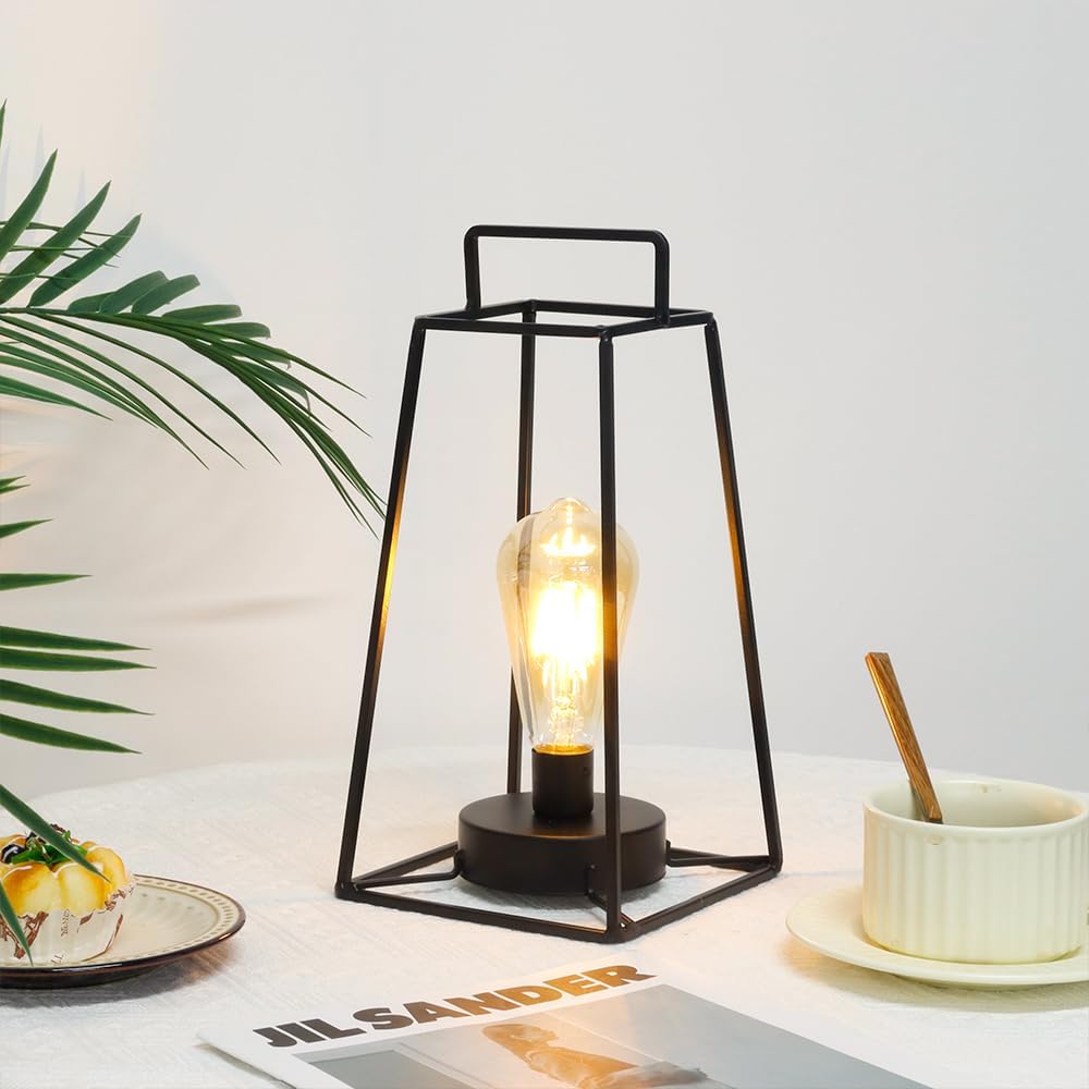 JHY DESIGN Retro Style Geometric Table Lamp 12''H Simple Iron Art Cordless Lamp Battery Operated Cage Wireless Light with 6-Hours Timer for Balcony Wedding Parties Indoor Outdoor(Tall, Black)