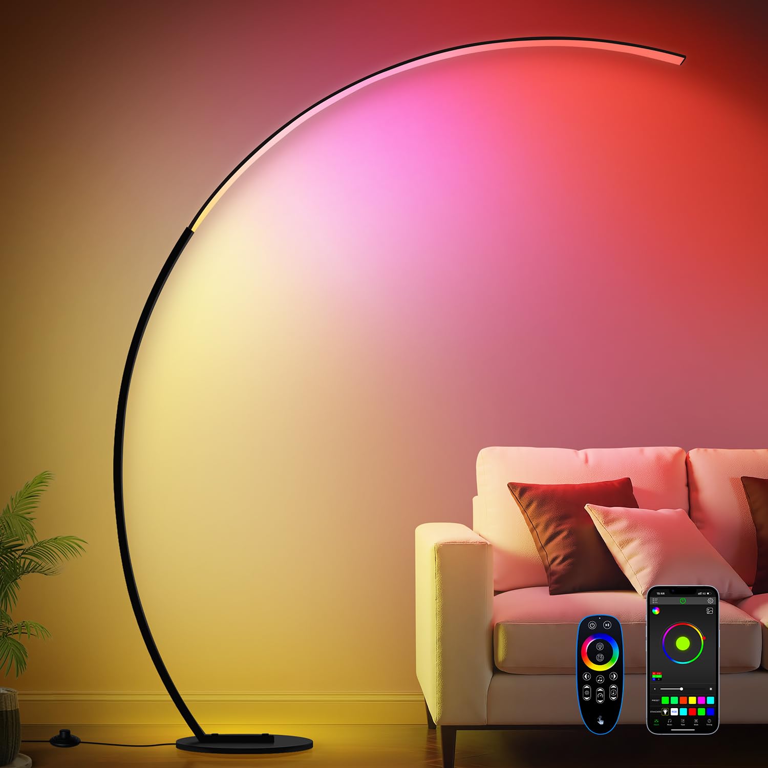 Modern LED Arc Standing Lamp, 2000LM 3 Colors Dimmable with Remote