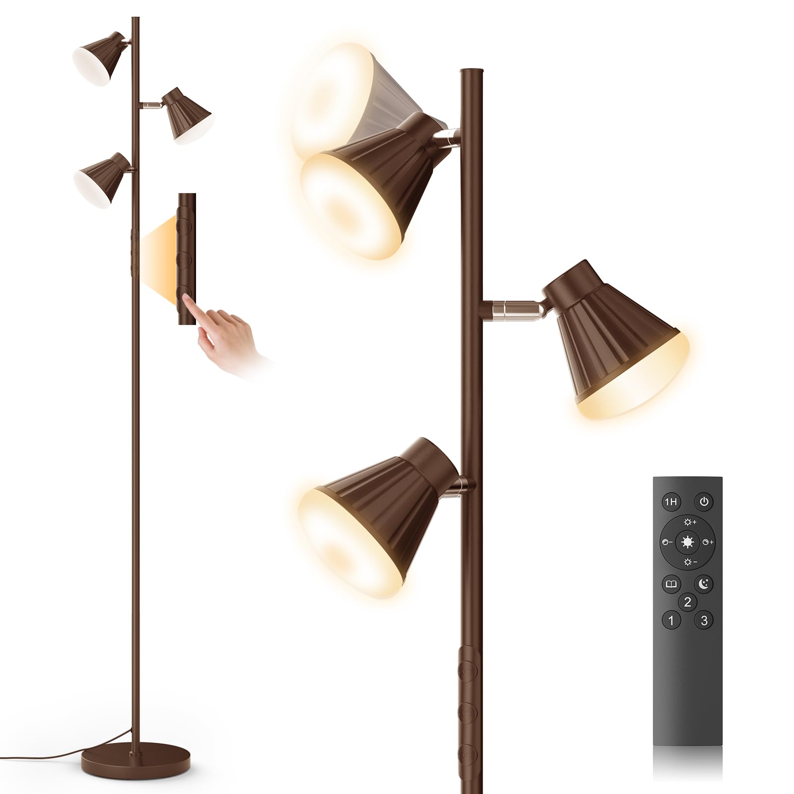 SIBRILLE 36W LED Tree Floor Lamp, Dimmable Tall Standing Lamp with Remote & Touch Control, 4 Color Temperatures Bright Floor Lamp, 3 Rotatable Light Modern Floor Lamps for Living Room Bedroom Office