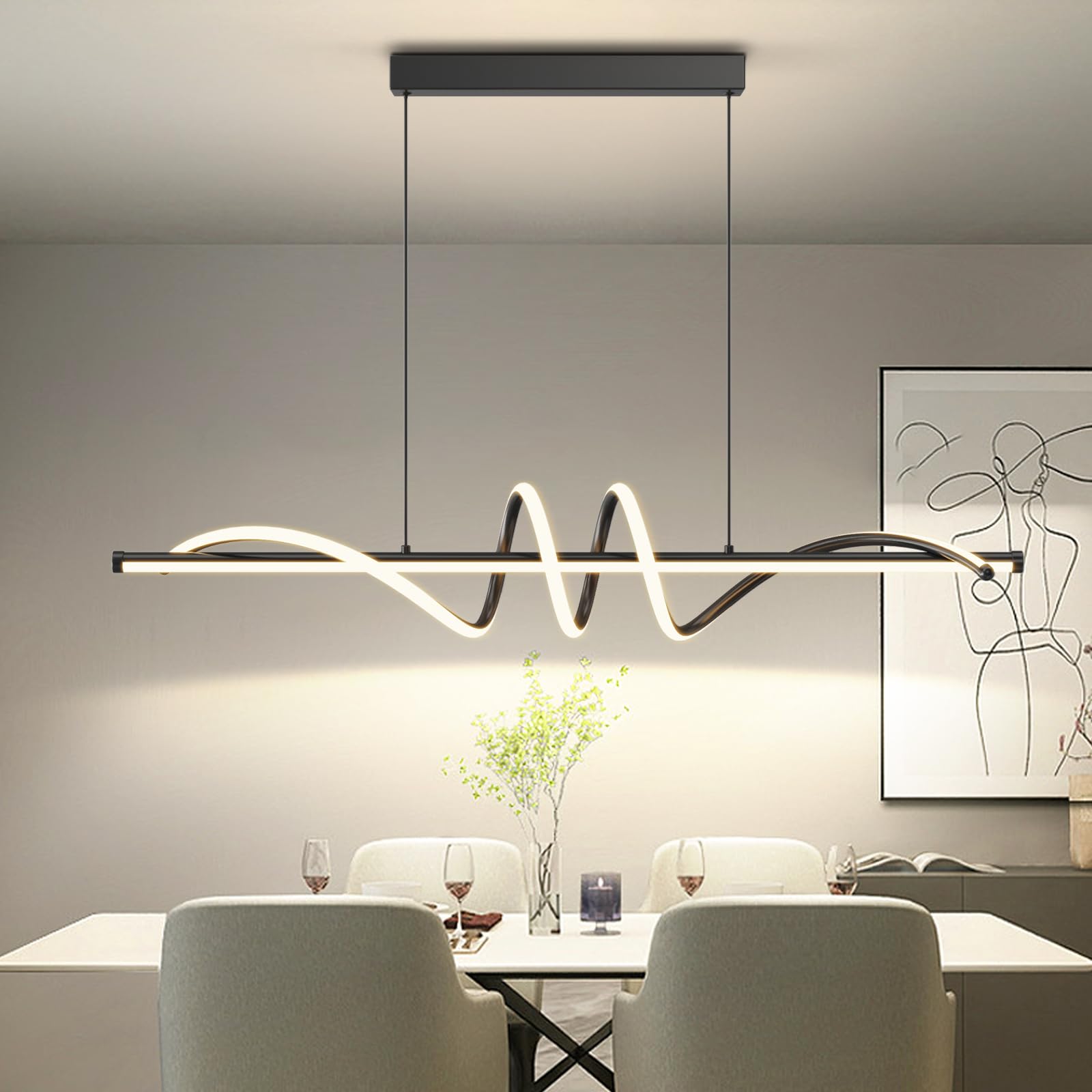 Modern Ceiling Pendant Light,47in LED Black Linear Ceiling Chandelier Light Dining Room,Living Room,Warm & Cool, Neutral Light,Aluminum Island Lighting Hanging Pendant Light for Kitchen