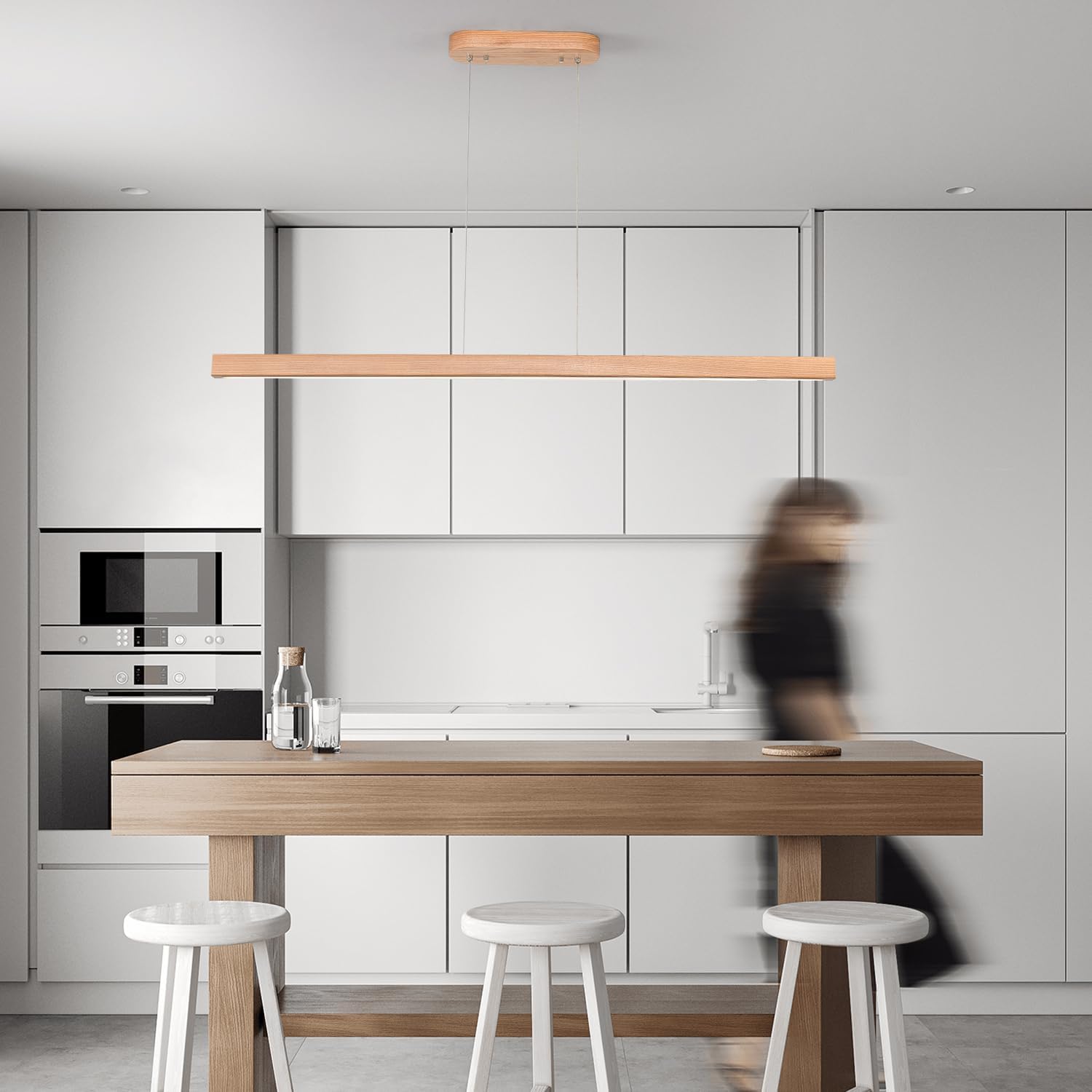 31" Wooden Linear Pendant Light LED Pendant Light Dimmable Pool Table Island Lights Modern Linear Chandeliers for Dining Room Kitchen Ceiling Pendant Lamp for Dining Room Kitchen Island Natural