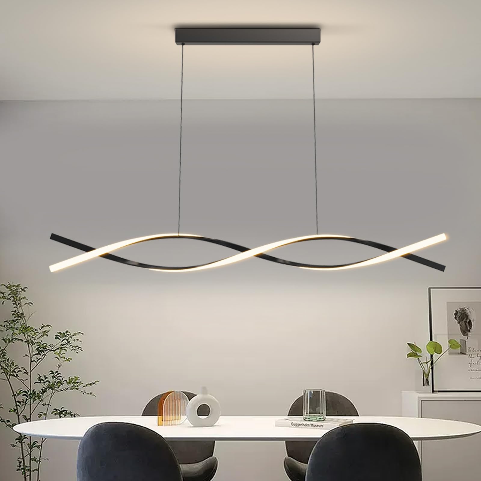 Modern Ceiling Pendant Light,47in LED Black Linear Ceiling Chandelier Light Dining Room,Living Room,Warm & Cool, Neutral Light,Aluminum Island Lighting Hanging Pendant Light for Kitchen