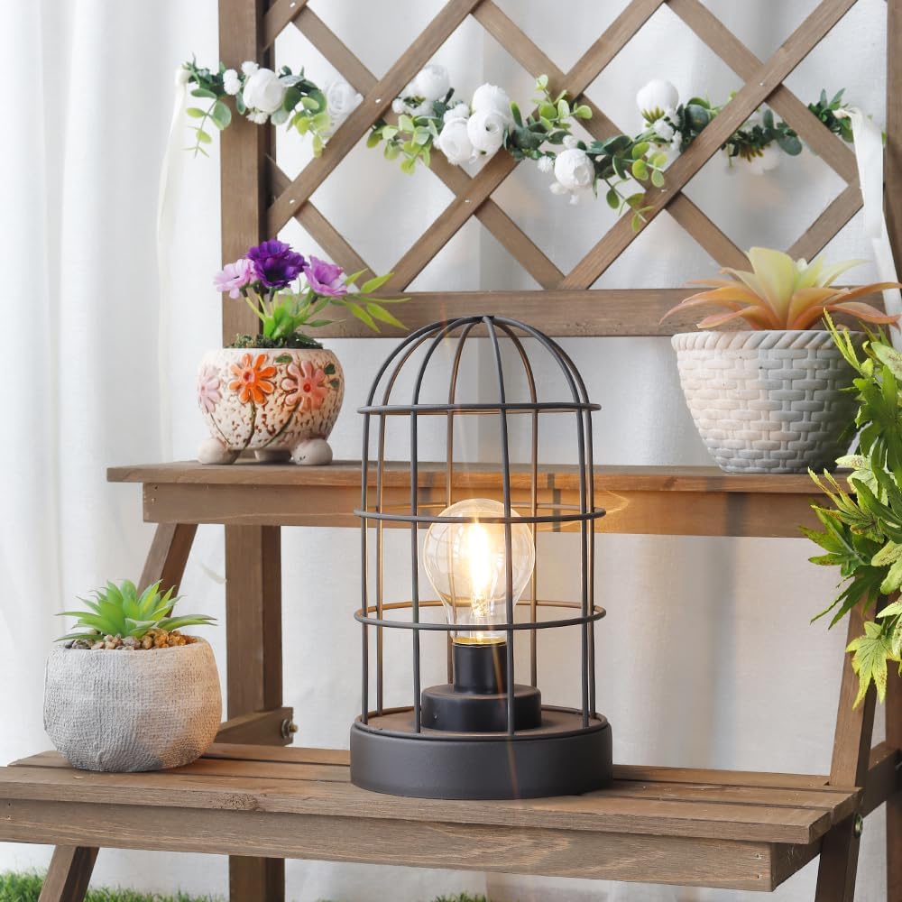 JHY DESIGN 10” Vintage Metal Cage Table Lamp, Battery Operated Cordless LED Decorative Lantern, Rustic Brown Sand Finish Lamp for Bedroom Living Room Kitchen Patio Wedding Home Decor (Black)