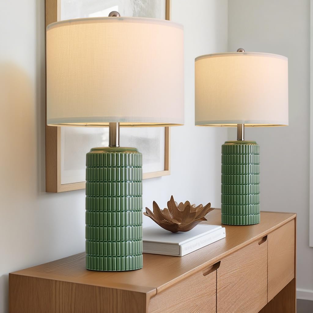 PoKat 20.75" Small Modern Ceramic Table Lamps Set of 2 for Bedroom, White Bedside Lamps for Night Stands, Farmhouse Desk Home Decor Gift Nightstand Table Lamps for Living Room End Table Beige