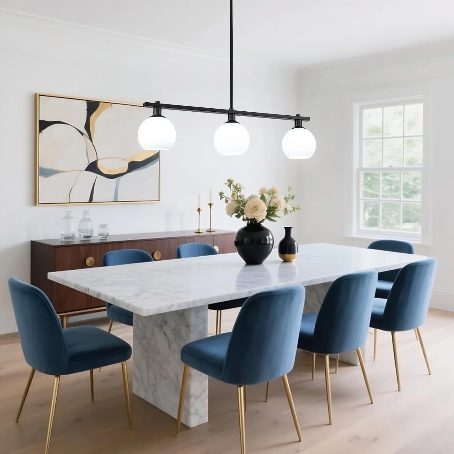 Kitchen Island Lighting 3 Lights Linear Pendant Light Fixtures With Milk Glass Shades Black Farmhouse Chandeliers for Dining Room Chandelier Over Table Mid Century Modern Hanging Light Fixture for Bar