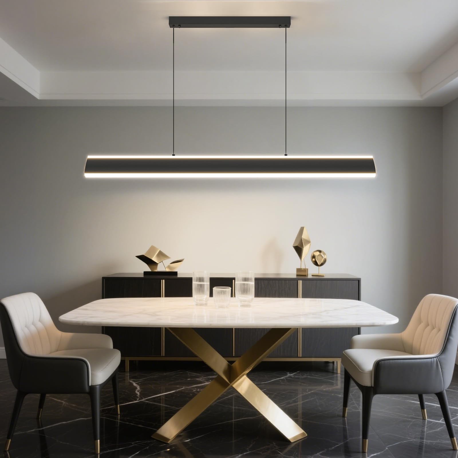 Modern Wooden Pendant Light, 47IN Walnut Wooden Chandelier with Remote Control 3000k-6500K Adjustable Color Temperature，Aluminum Island Lighting Lamp for Dining Room, Living Room