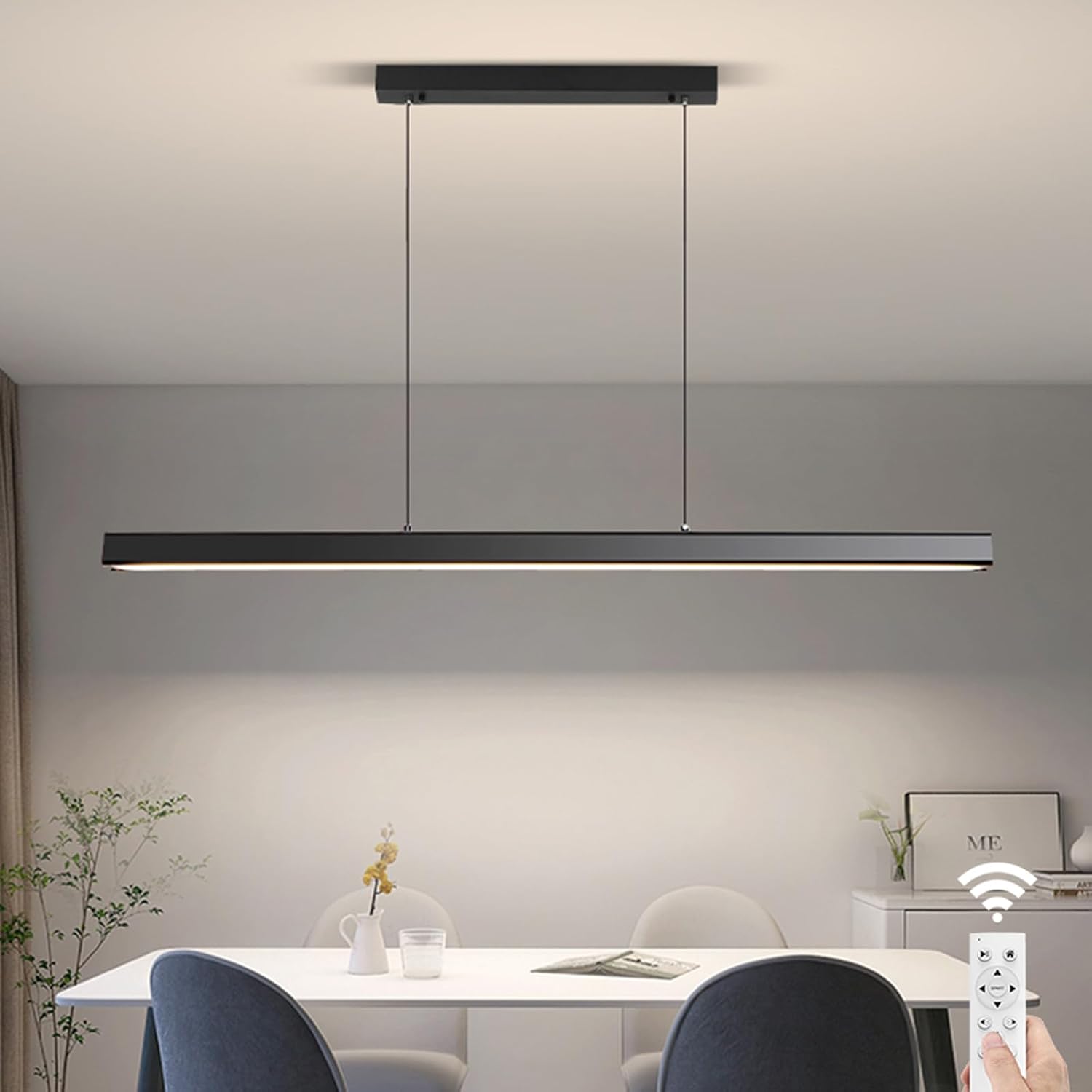 JAYMP Minimalist Linear Pendant Light Dimmable LED Modern Chandelier Dining Room Island Light Restaurant Cafe Bar Office Hanging Lamp (Black 1, 57 Inch)